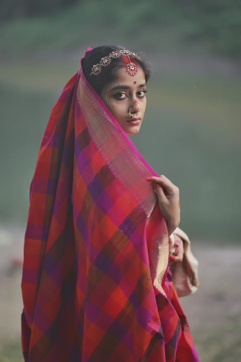 Handloom Pink Multi Colour Box Checks Pure Silk Banarasi Saree With Hot Pink Gold Zari Border