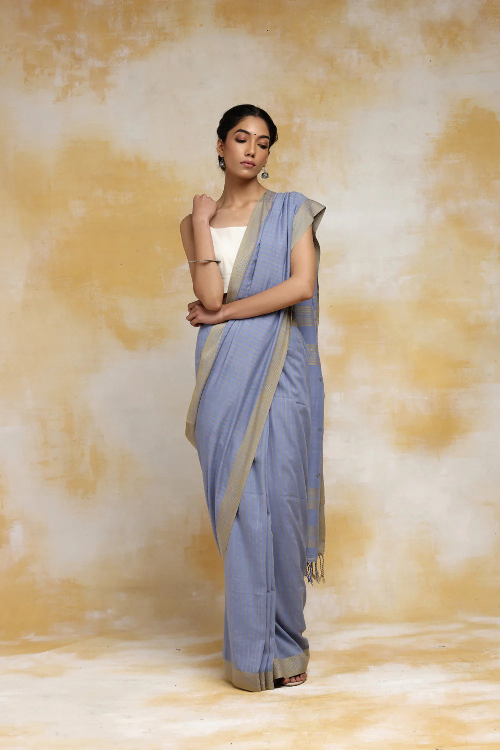 Handloom Arctic Blue Shantipuri Mulmul Cotton Saree With Beige Border