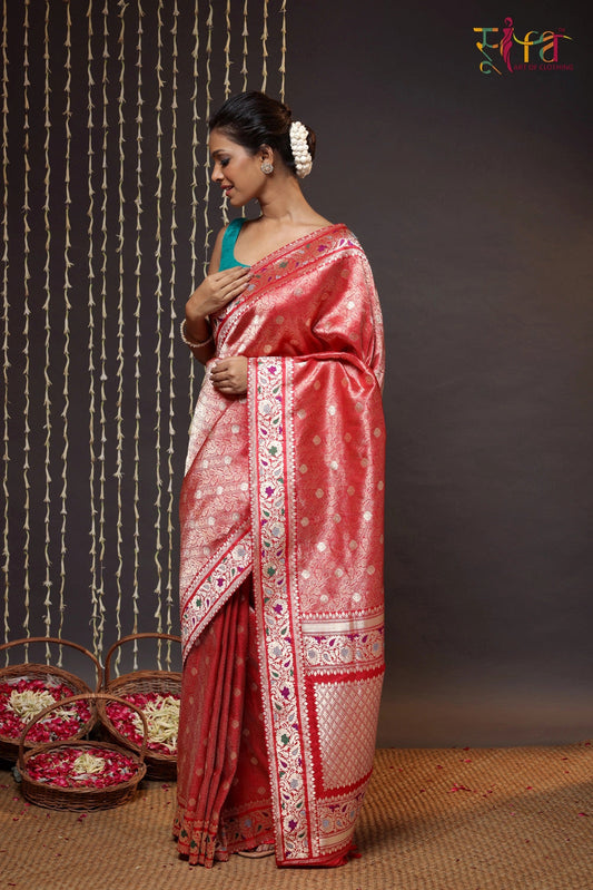 Rose Red Handloom Pure Silk Banarsi Saree