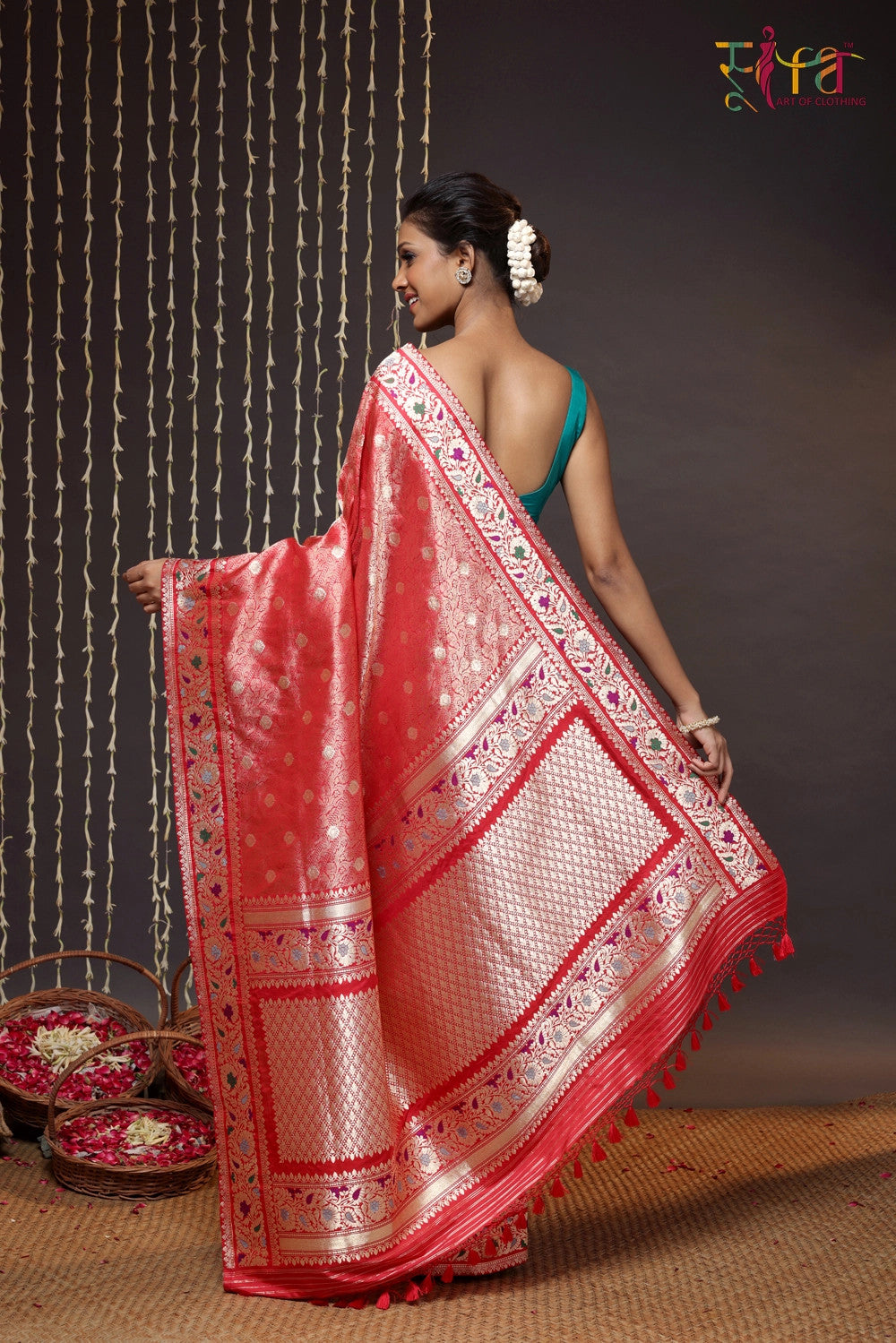 Rose Red Handloom Pure Silk Banarsi Saree