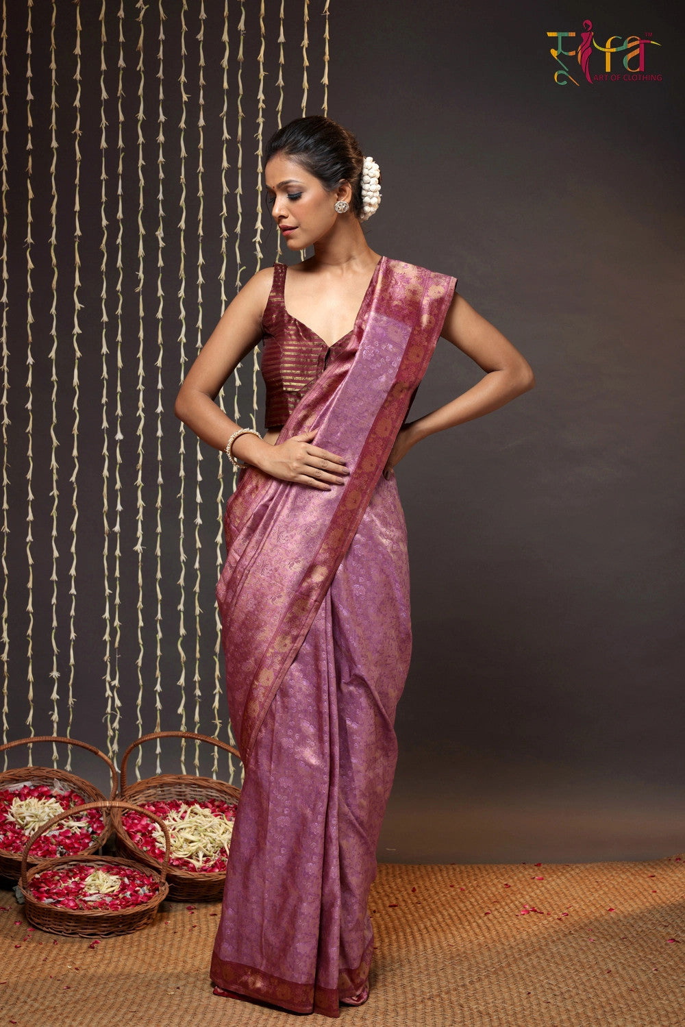 Purple Handloom Pure Silk Banarsi Tanchoi Saree