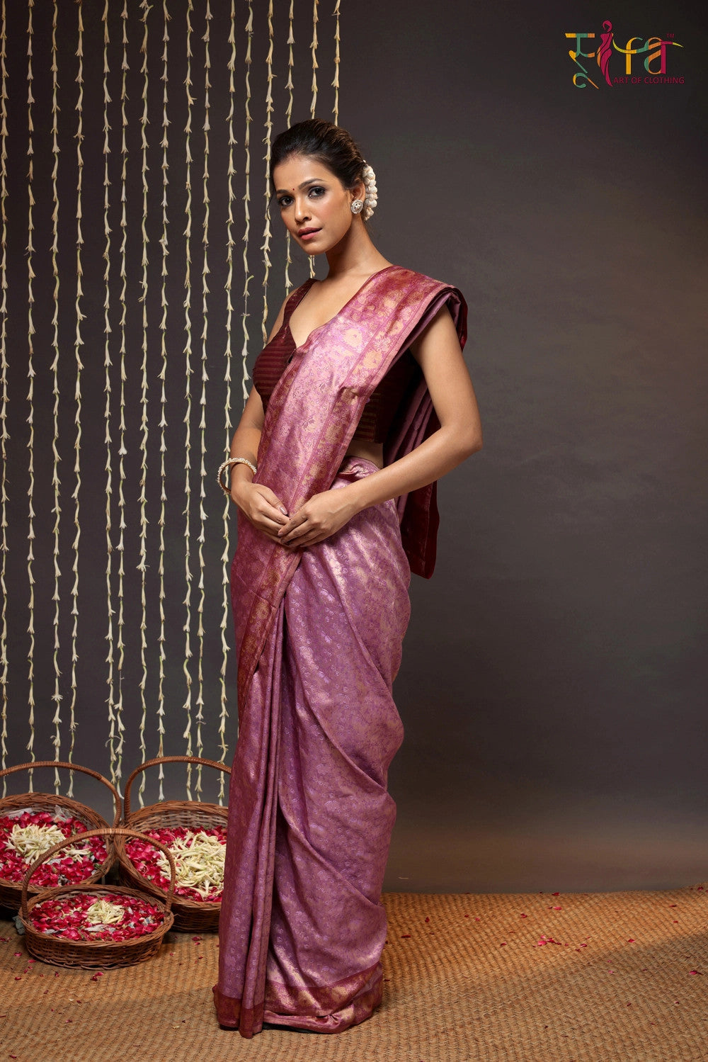 Purple Handloom Pure Silk Banarsi Tanchoi Saree