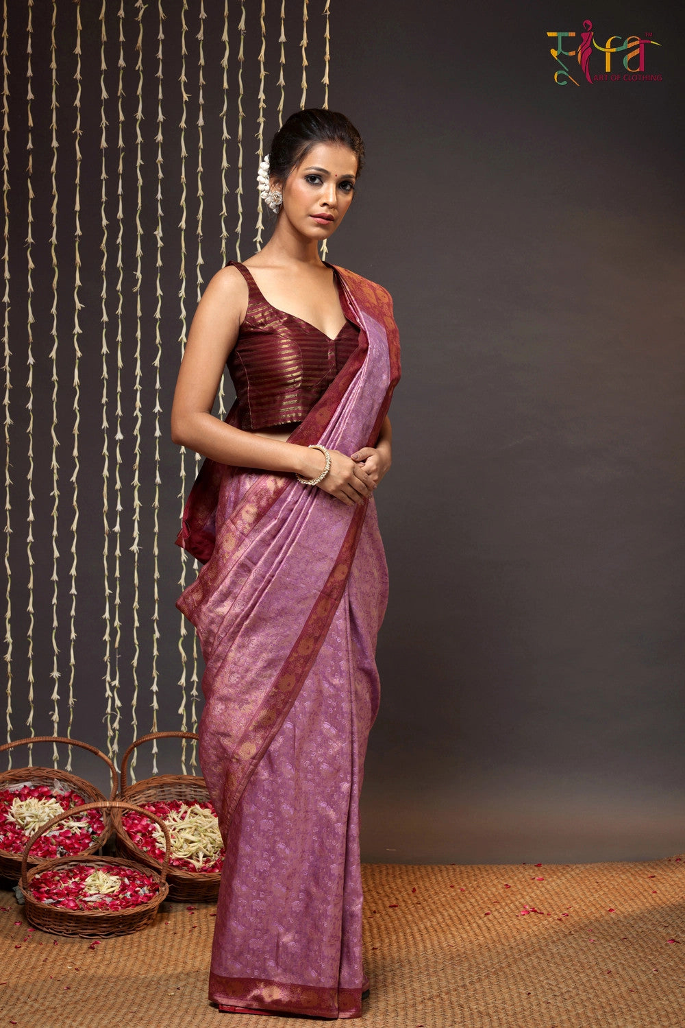 Purple Handloom Pure Silk Banarsi Tanchoi Saree