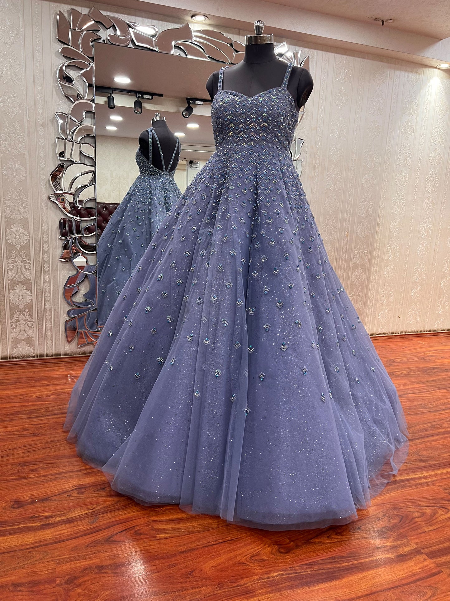 Lavender Net Hand Embroidered Ball Gown with Fancy Stone work