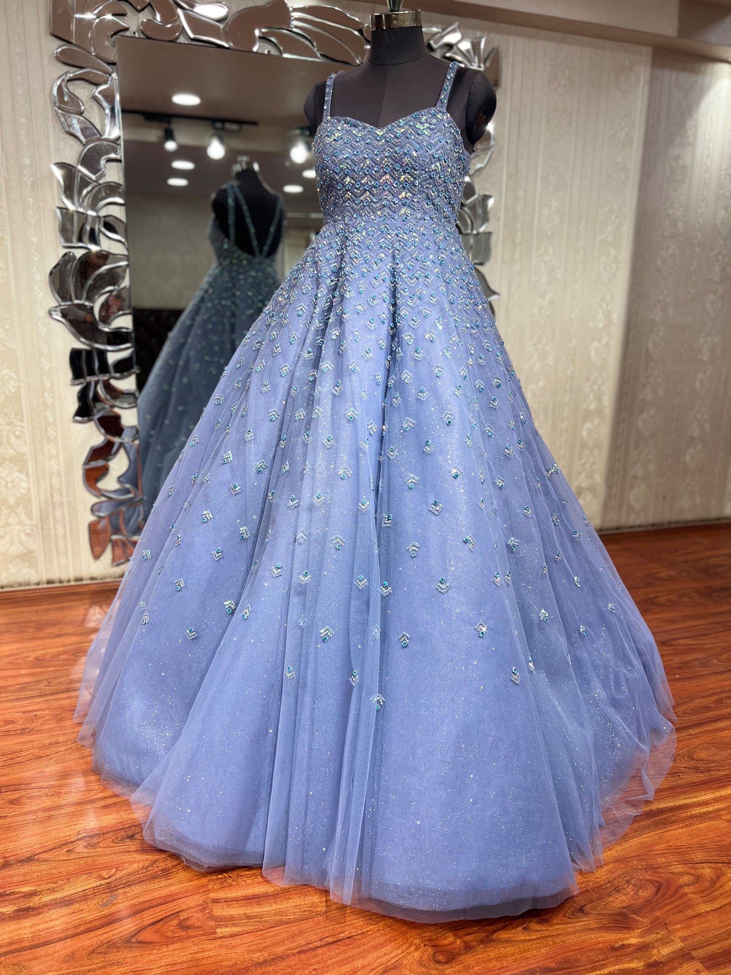 Lavender Net Hand Embroidered Ball Gown with Fancy Stone work