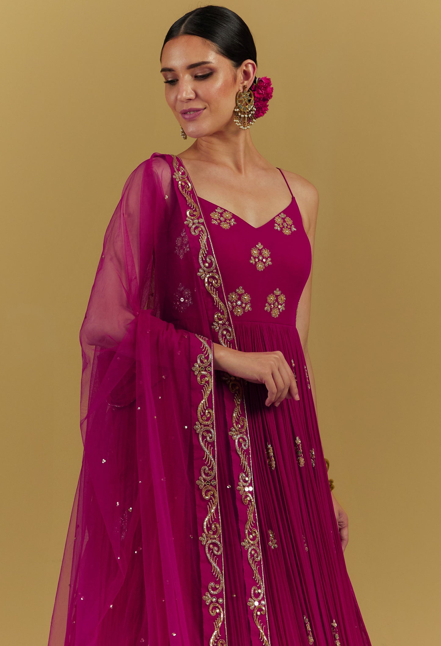 Magenta Colored Georgette Hand Embroidered gown with dupatta