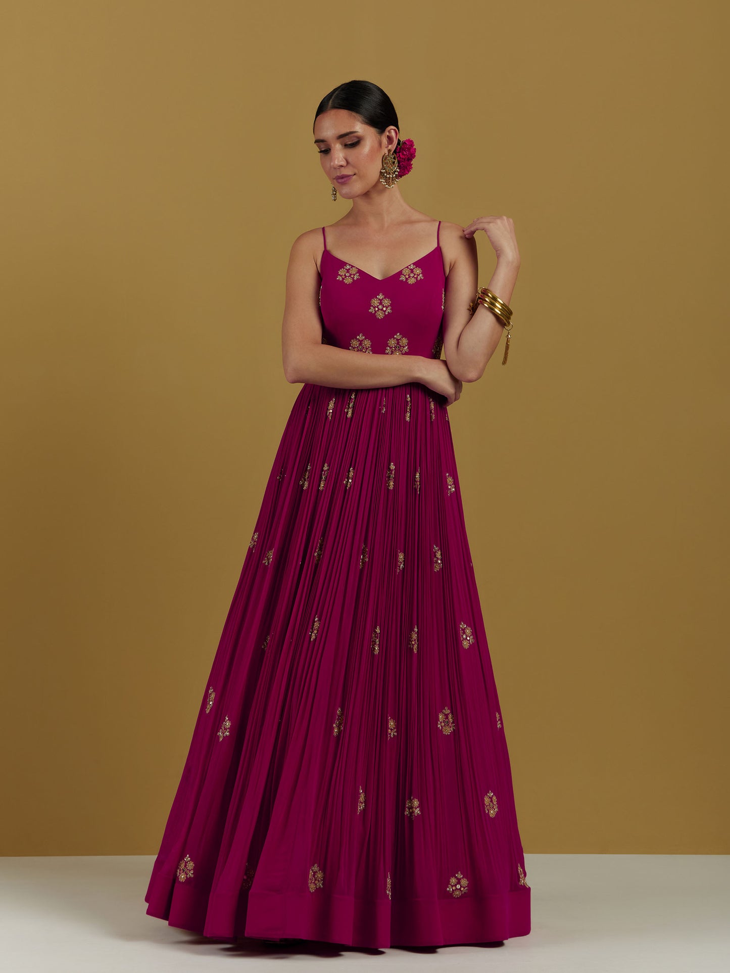 Magenta Colored Georgette Hand Embroidered gown with dupatta