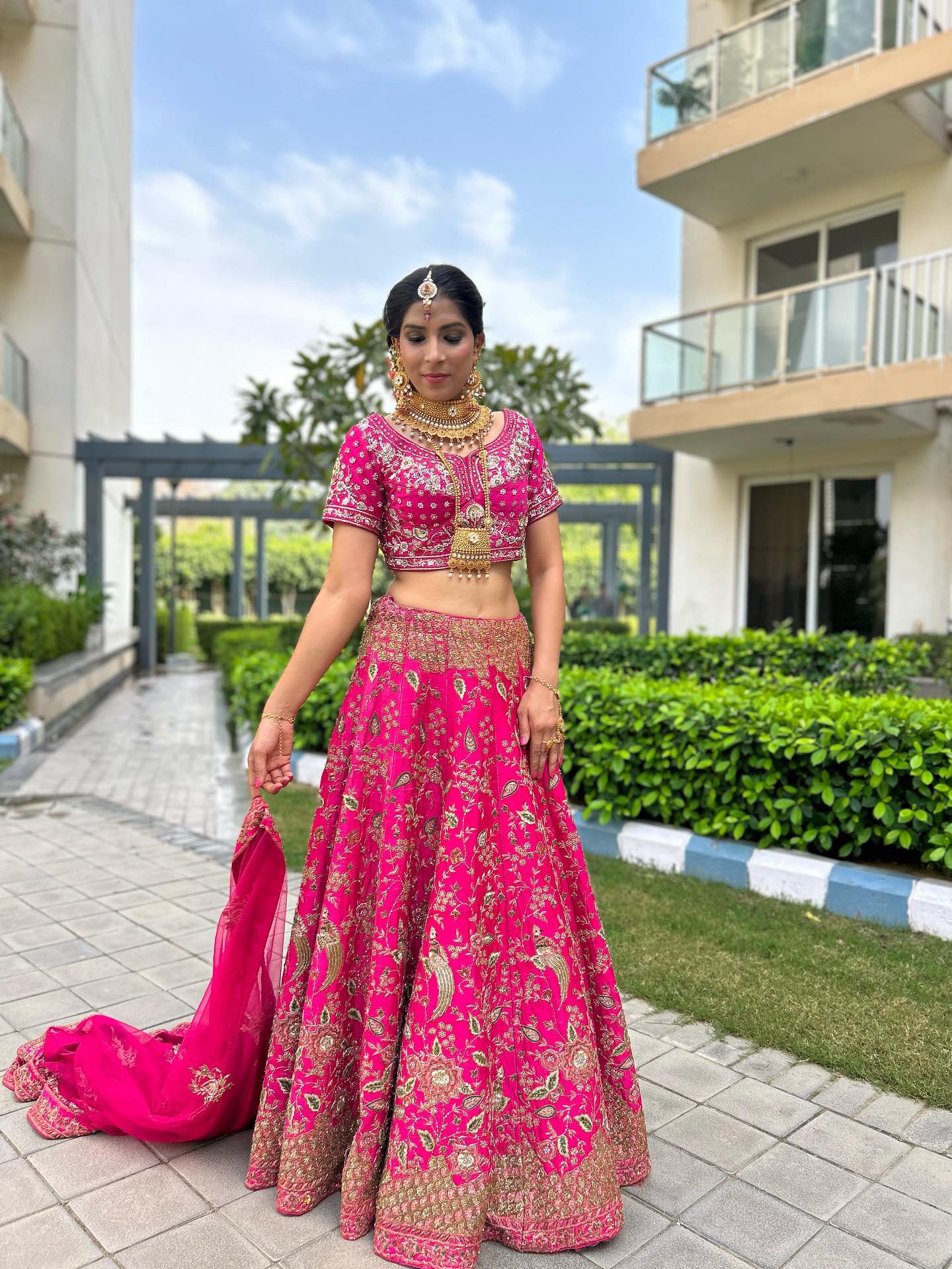 Rani Pink hand embroidered resham work bridal lehenga