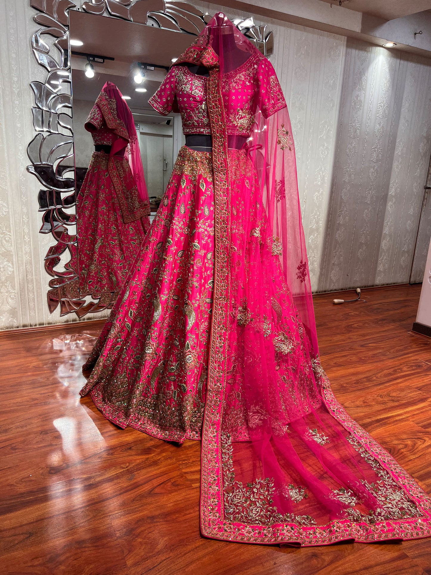 Rani Pink hand embroidered resham work bridal lehenga