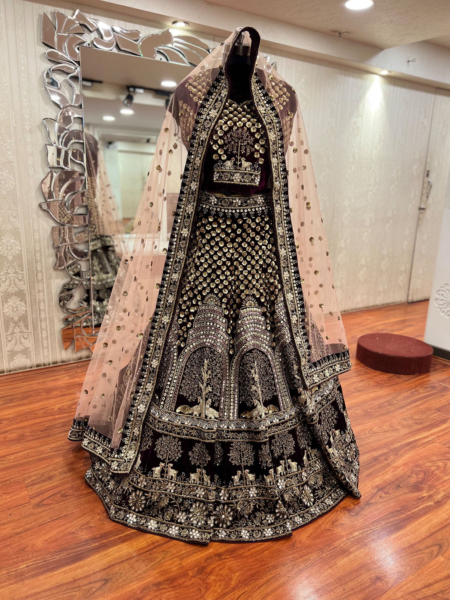 Maroon Hand Embroidered Micro Velvet heavy mirror work bridal lehenga