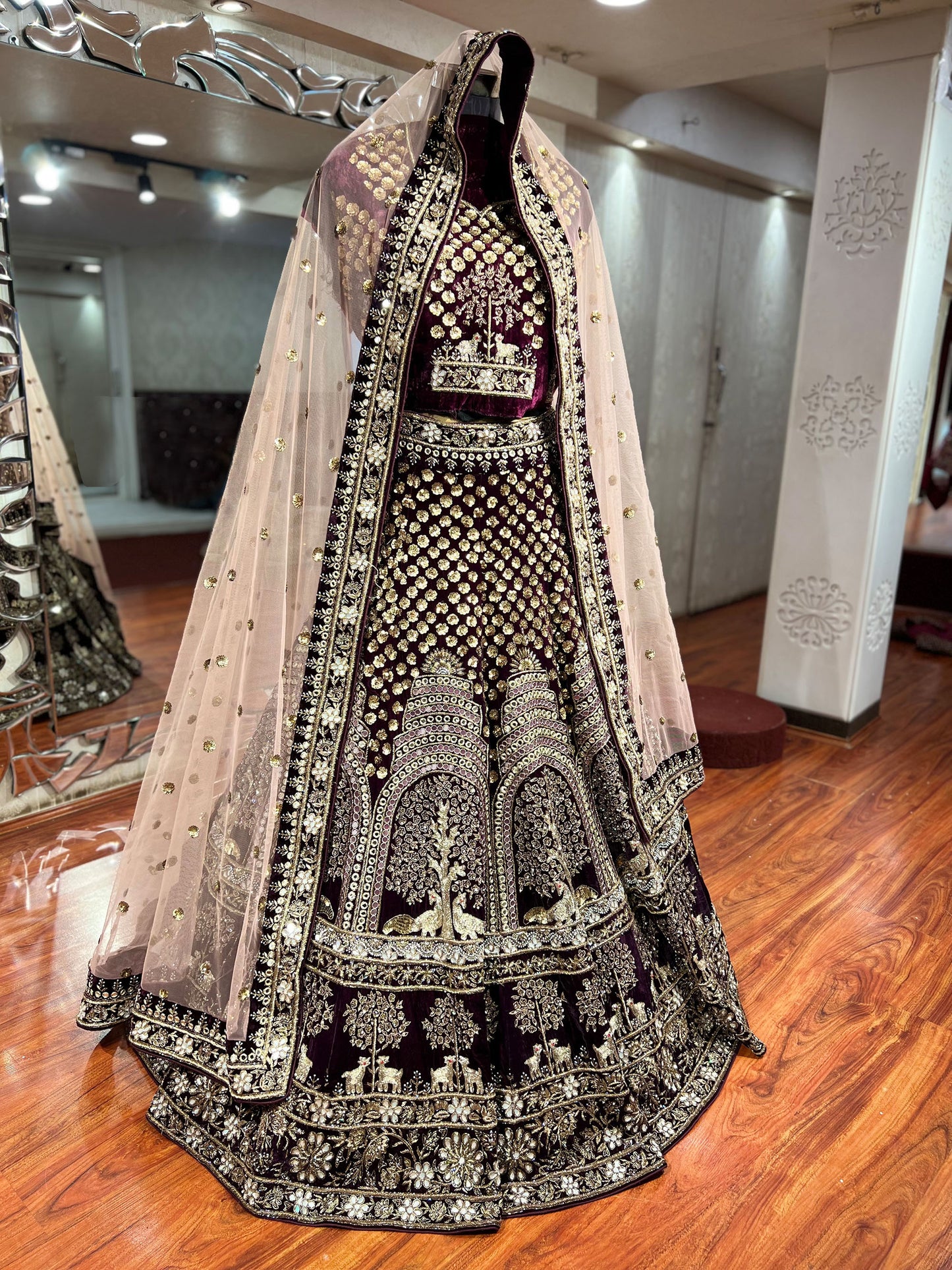 Maroon Hand Embroidered Micro Velvet heavy mirror work bridal lehenga