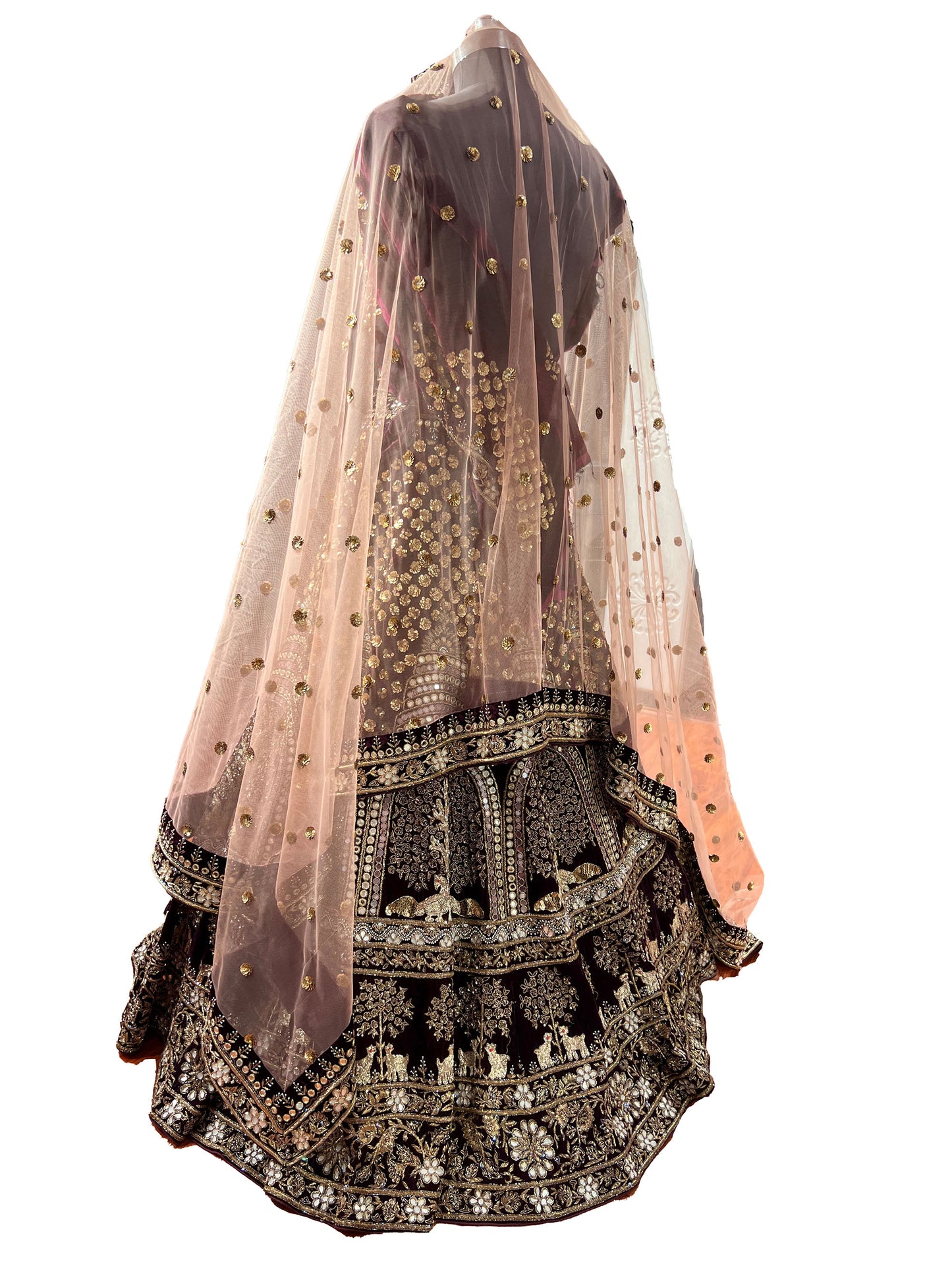 Maroon Hand Embroidered Micro Velvet heavy mirror work bridal lehenga