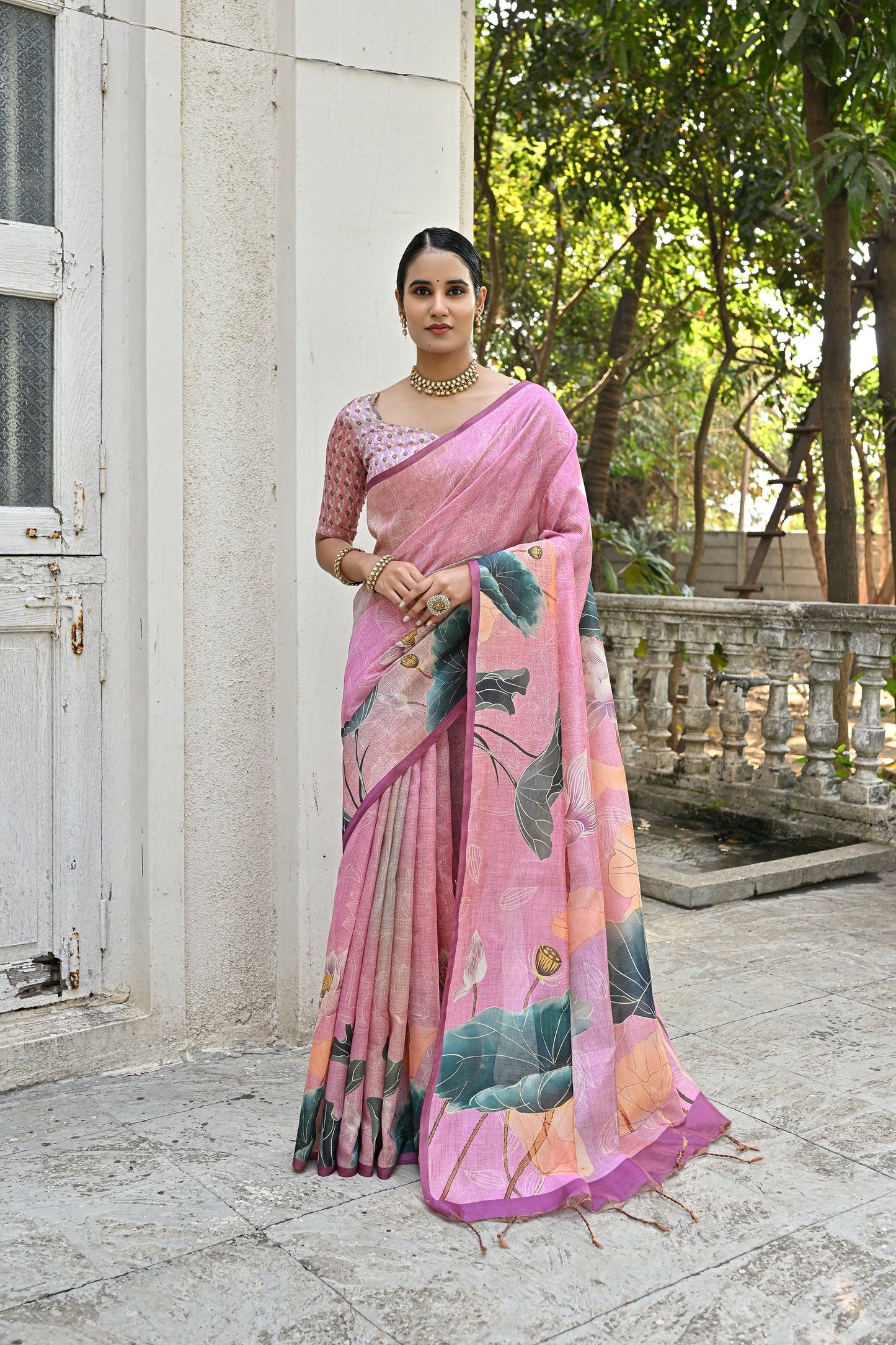 Jiyani Flower Baby-Pink Cotton Silk Floral printed Saree