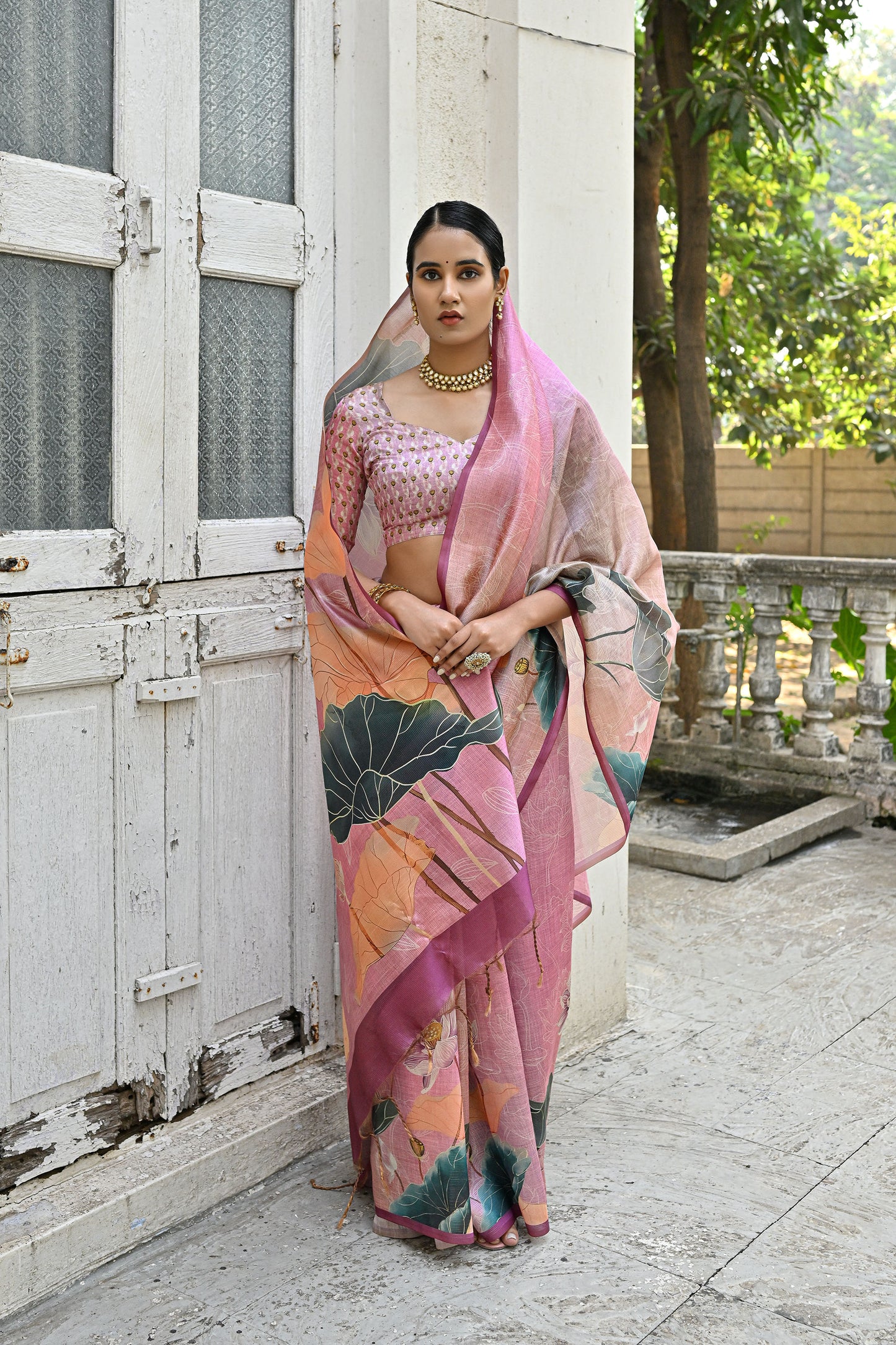 Jiyani Flower Baby-Pink Cotton Silk Floral printed Saree