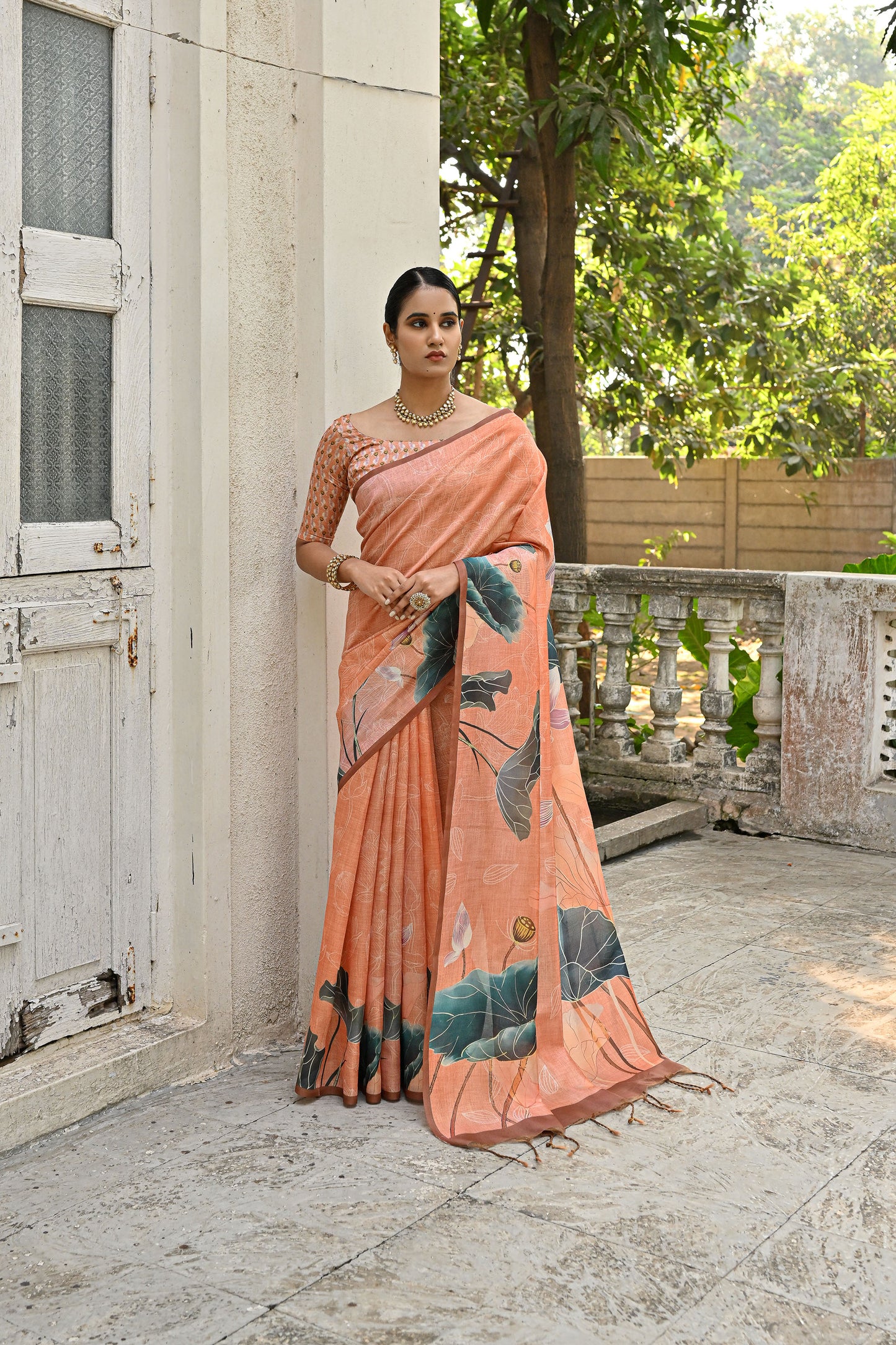 Jiyani Flower Orange Cotton Silk Floral printed Saree