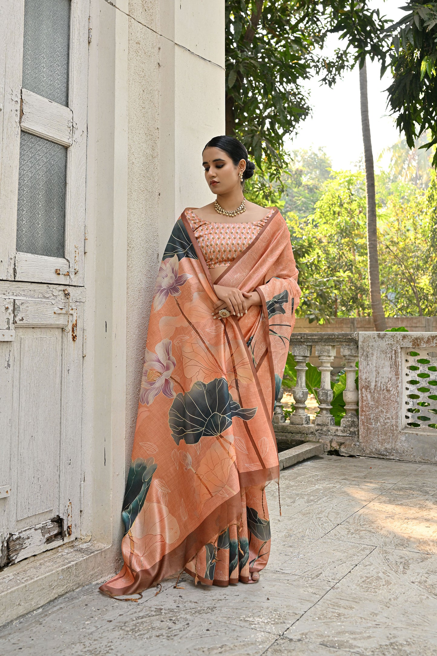 Jiyani Flower Orange Cotton Silk Floral printed Saree