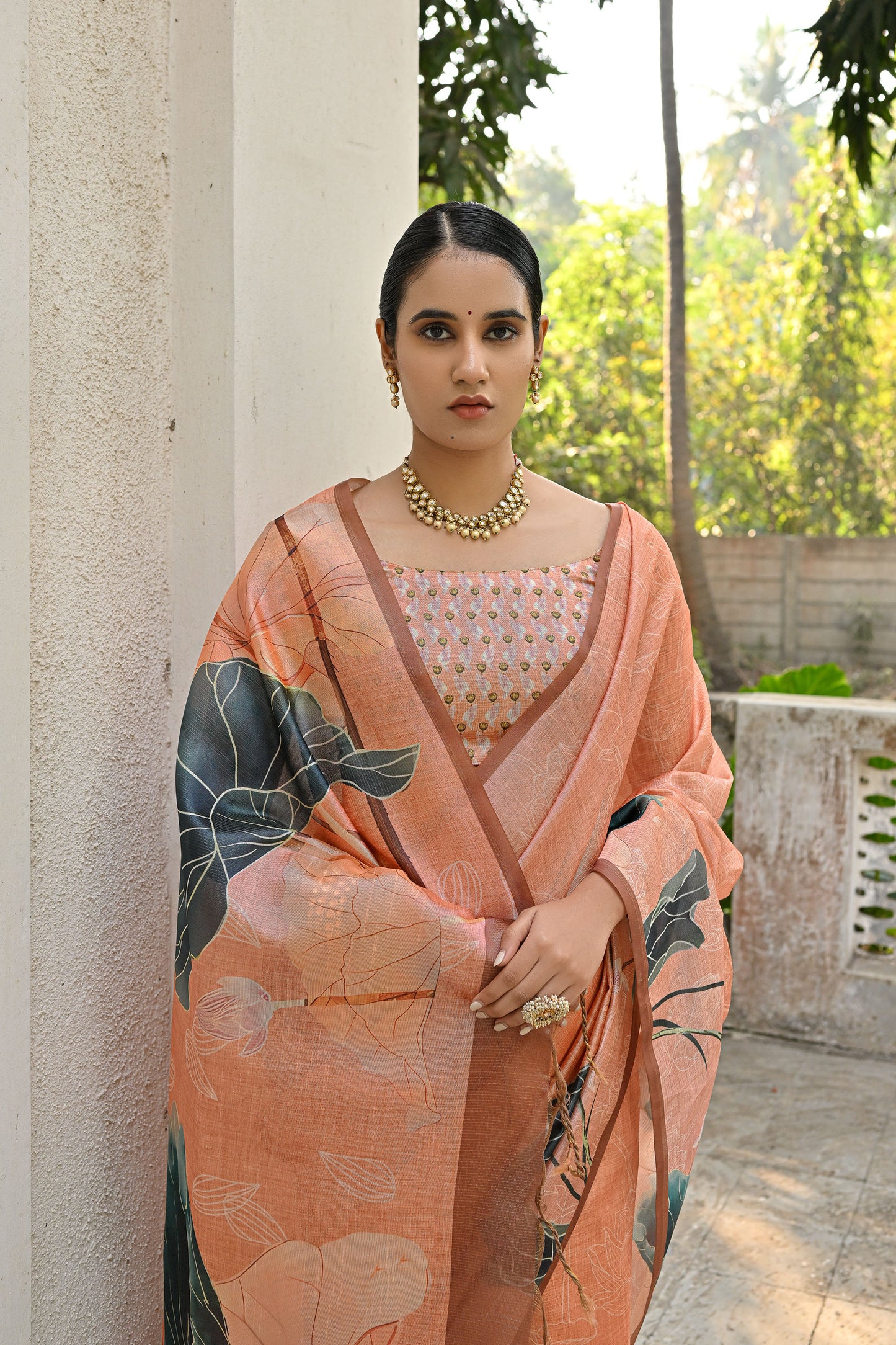 Jiyani Flower Orange Cotton Silk Floral printed Saree