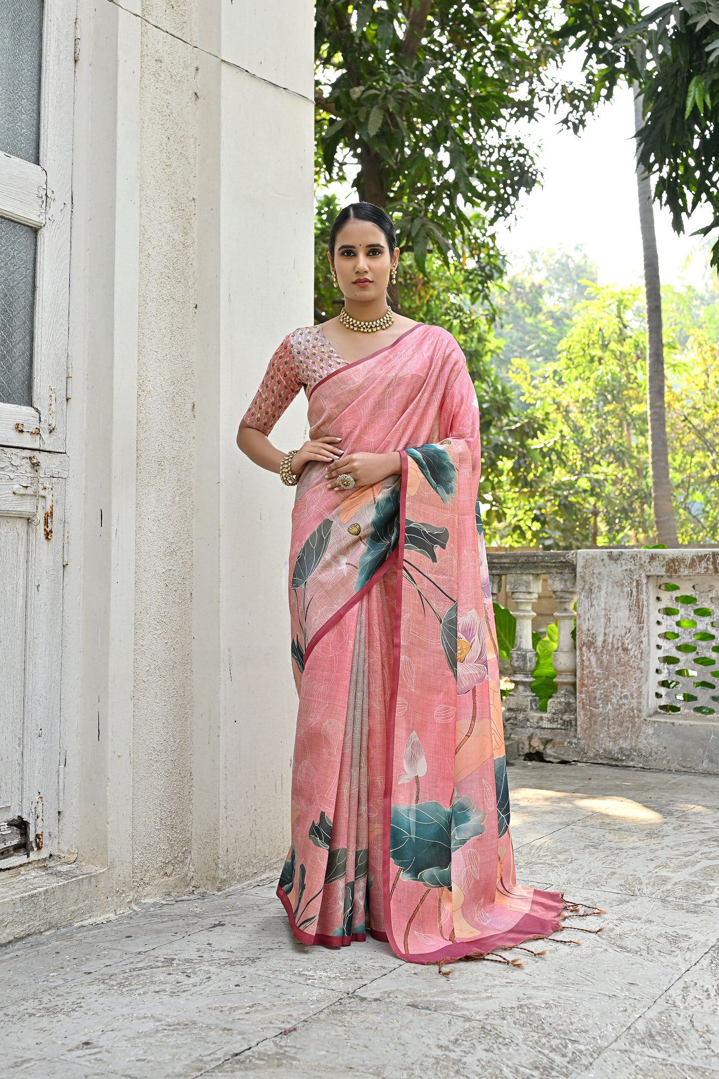 Jiyani Flower Peach Cotton Silk Floral printed Saree