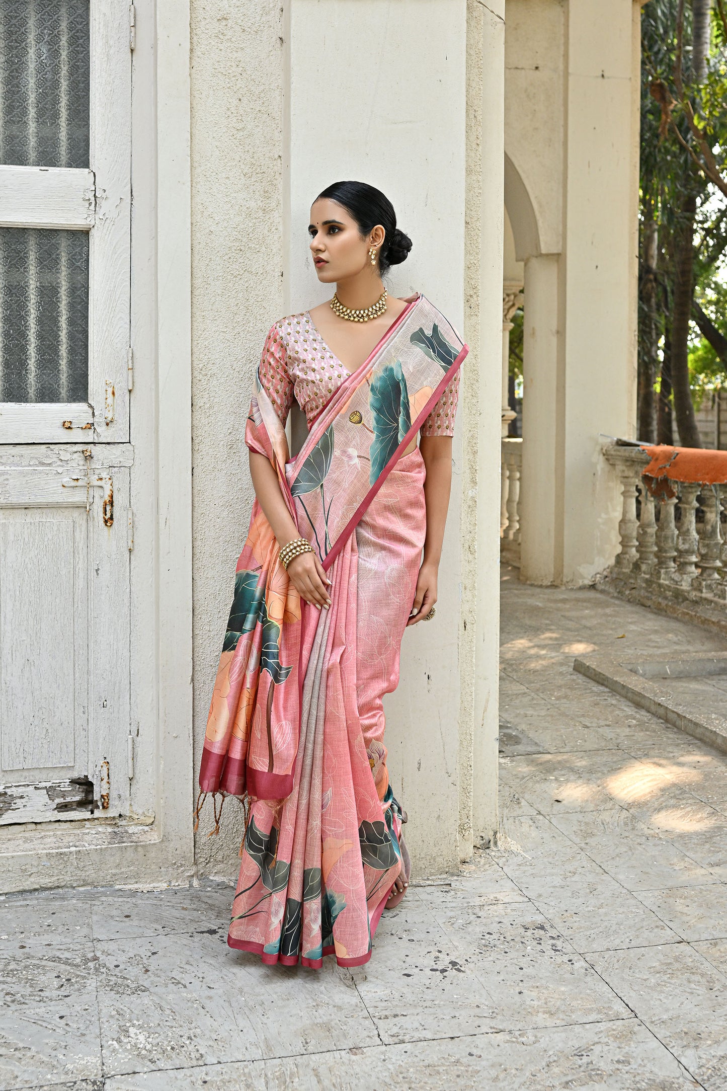 Jiyani Flower Peach Cotton Silk Floral printed Saree