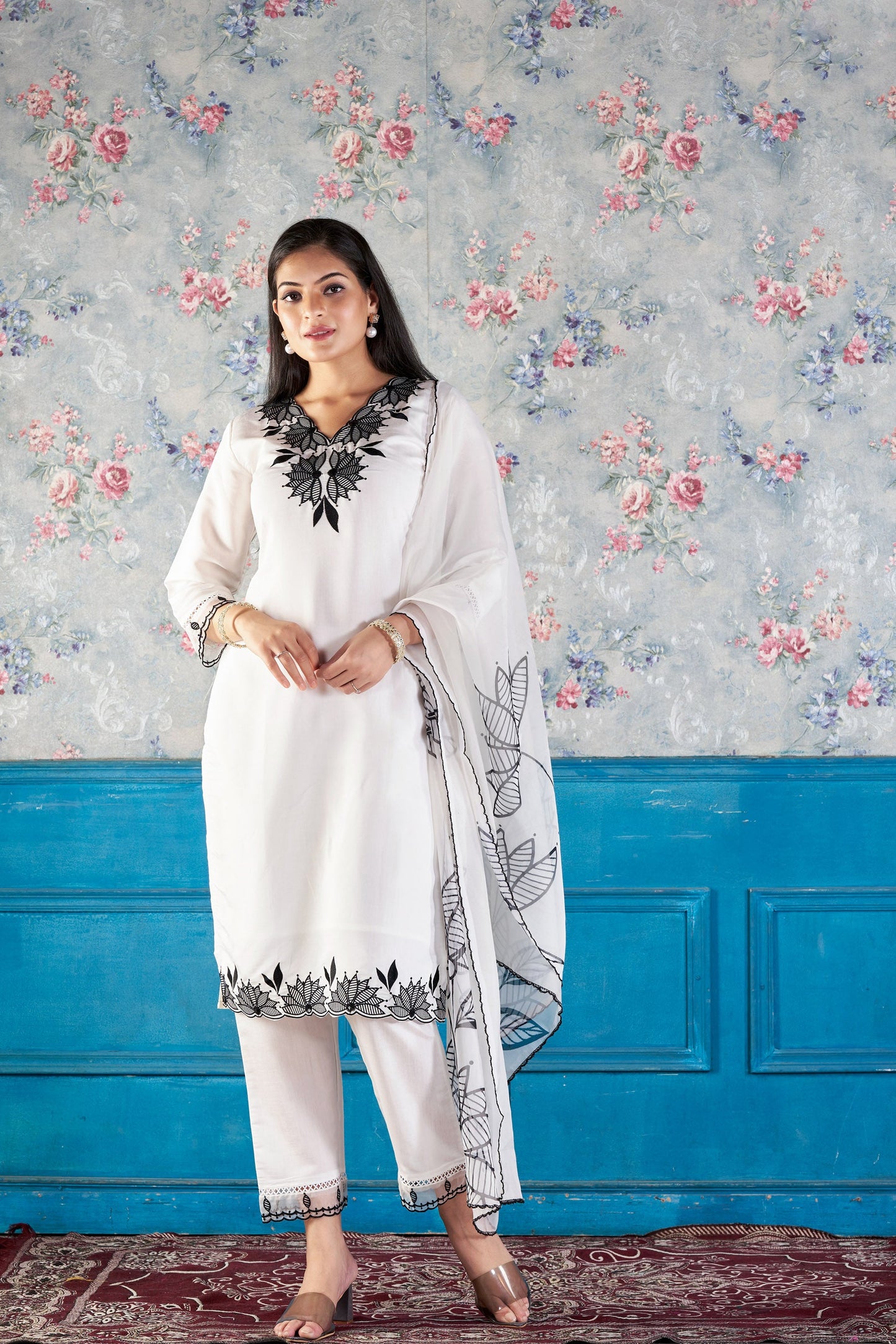 Moonlit White Romon Silk Kurta set with delicate embroidery