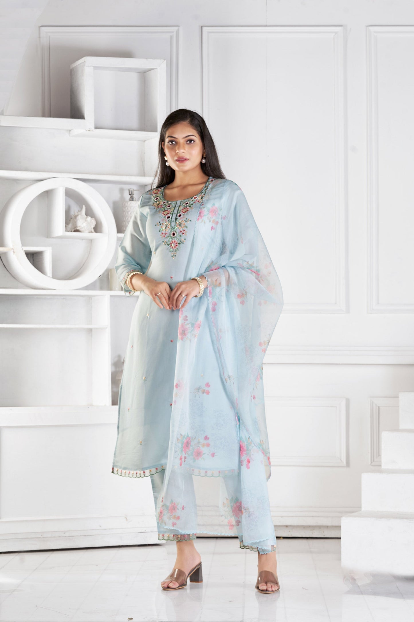 Cloudy Sky Blue Romon Silk Kurta set with delicate embroidery