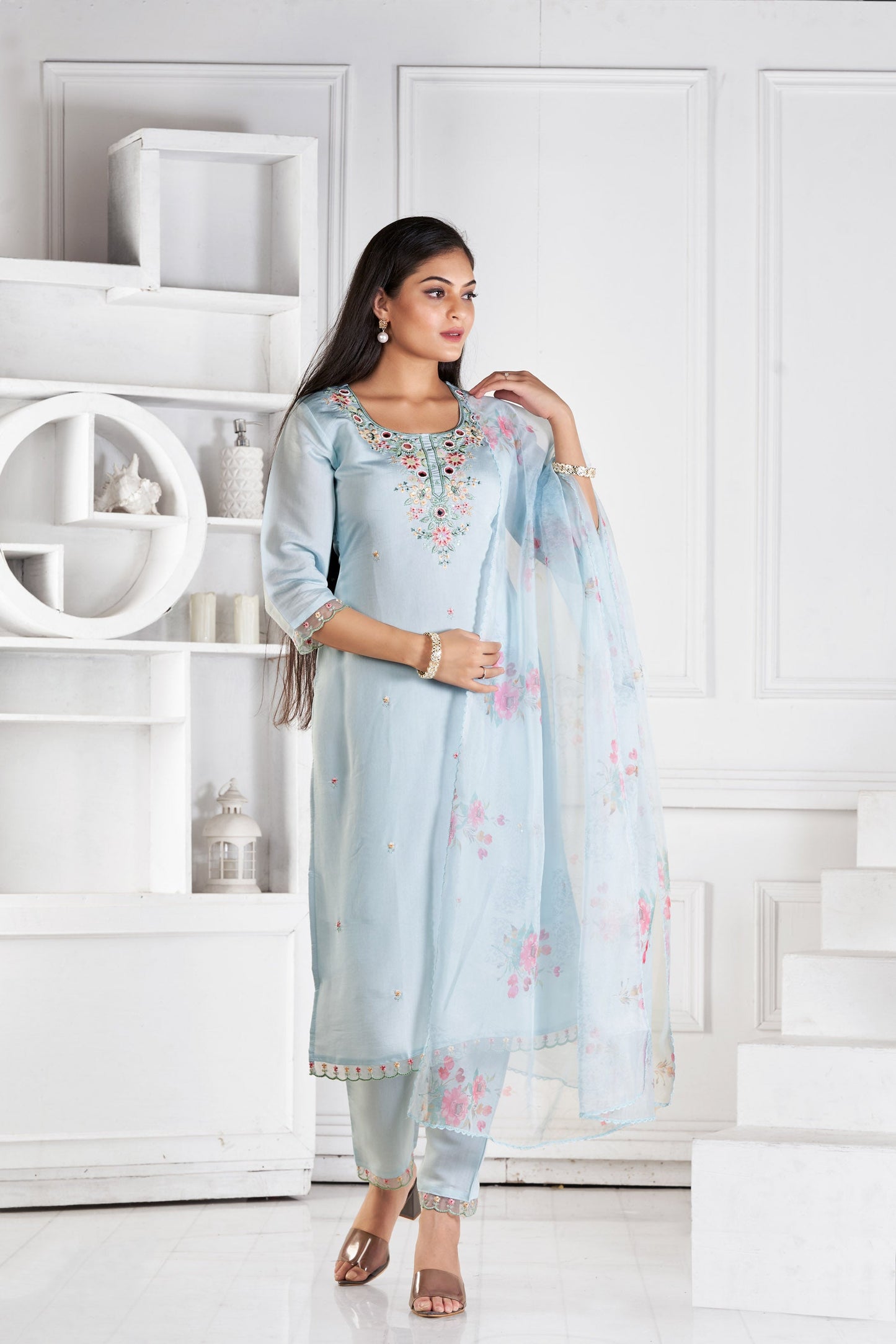 Cloudy Sky Blue Romon Silk Kurta set with delicate embroidery