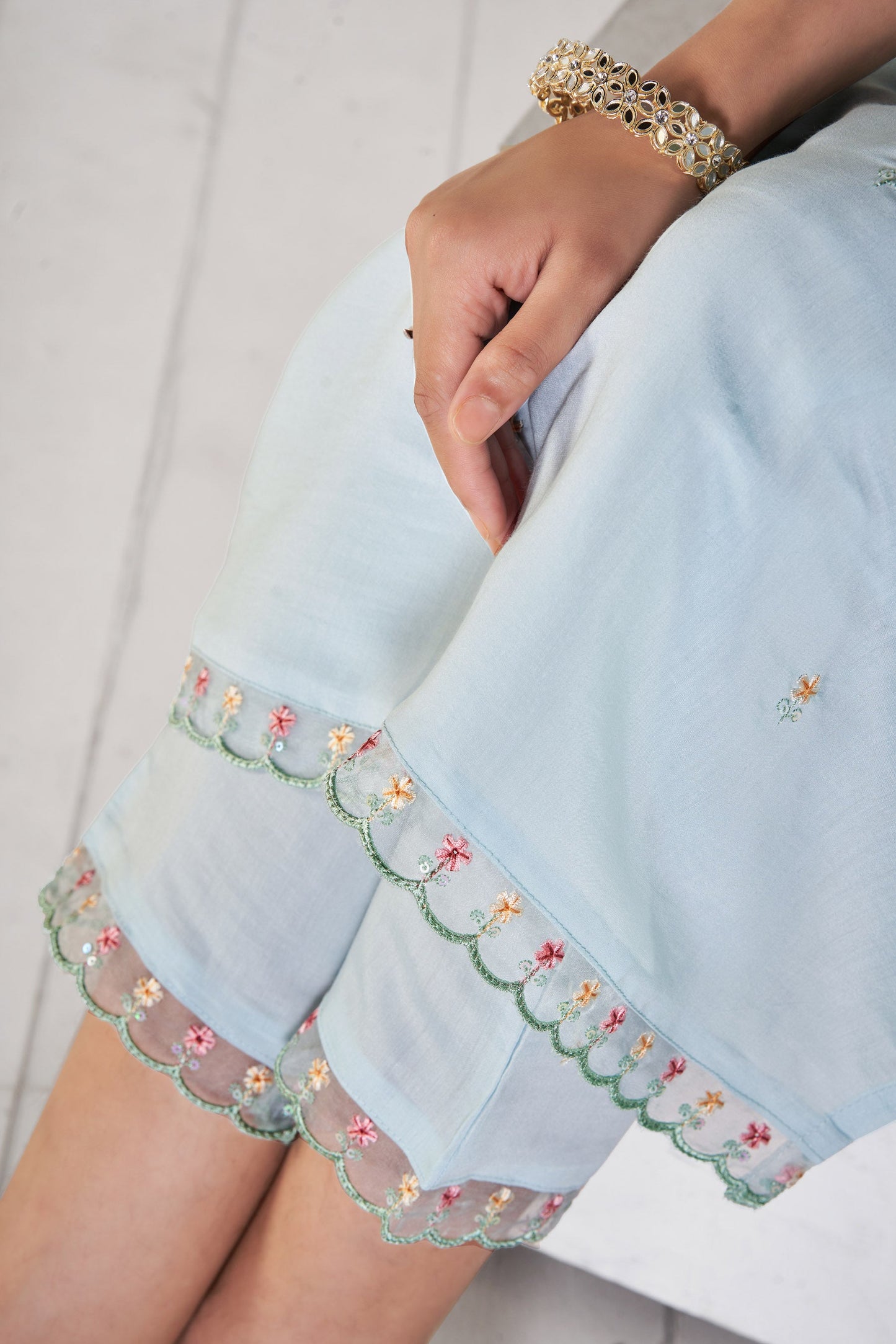 Cloudy Sky Blue Romon Silk Kurta set with delicate embroidery