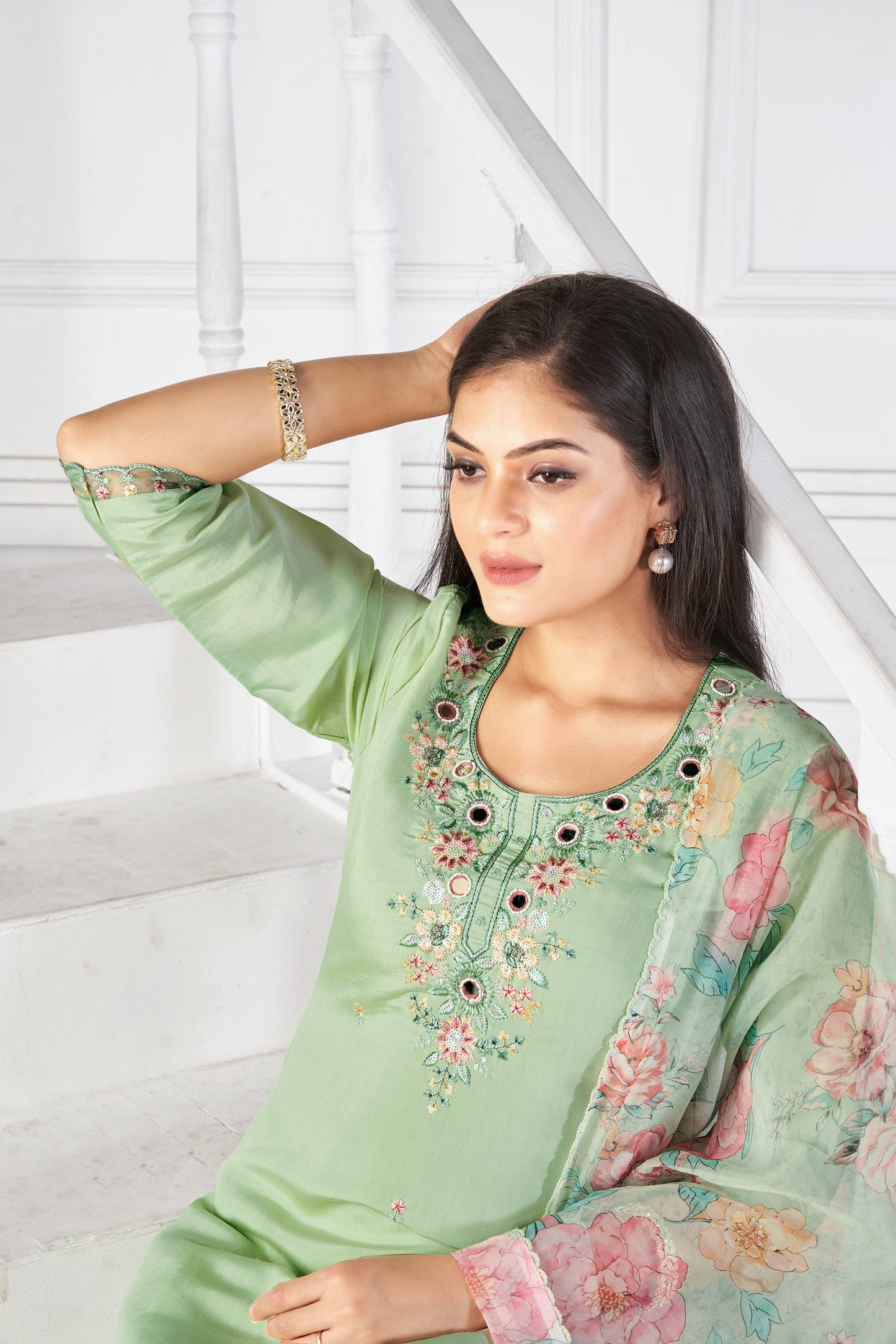 Pista Dream  Romon Silk Kurta set with delicate embroidery