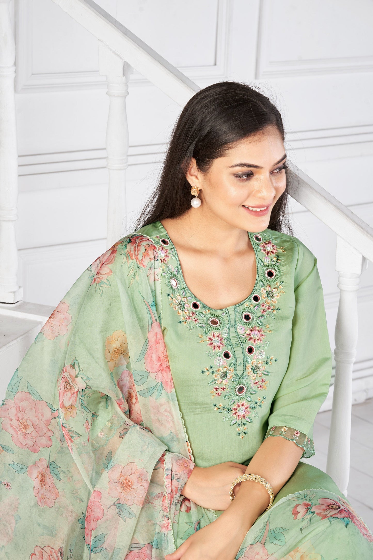 Pista Dream  Romon Silk Kurta set with delicate embroidery