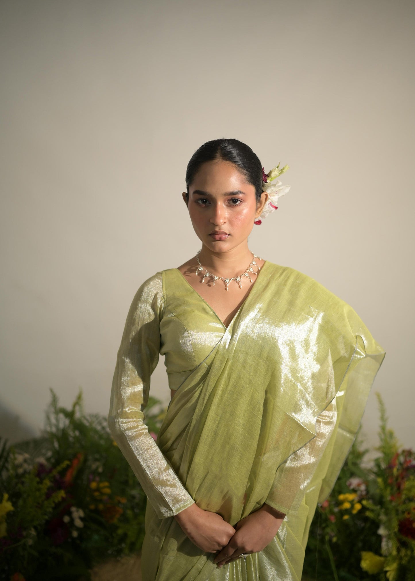 Jade Paradise I Neon Green Tissue Saree