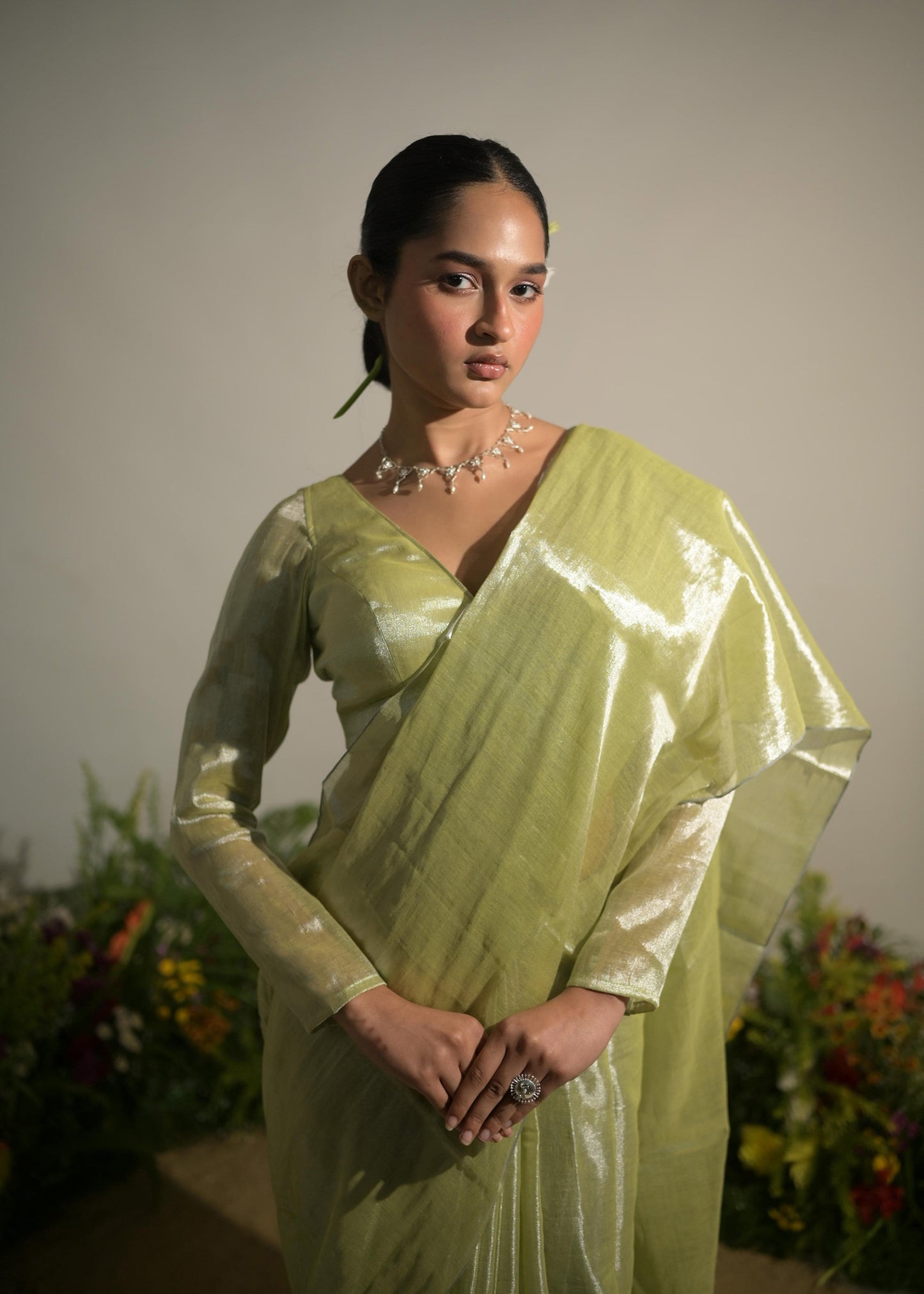 Jade Paradise I Neon Green Tissue Saree