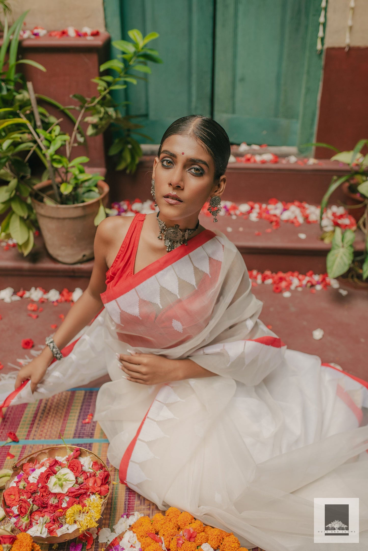 Jaya | Handloom red and white Puja saree