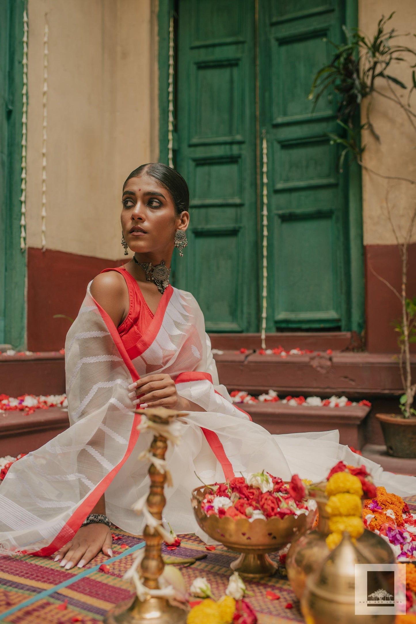 Jaya | Handloom red and white Puja saree