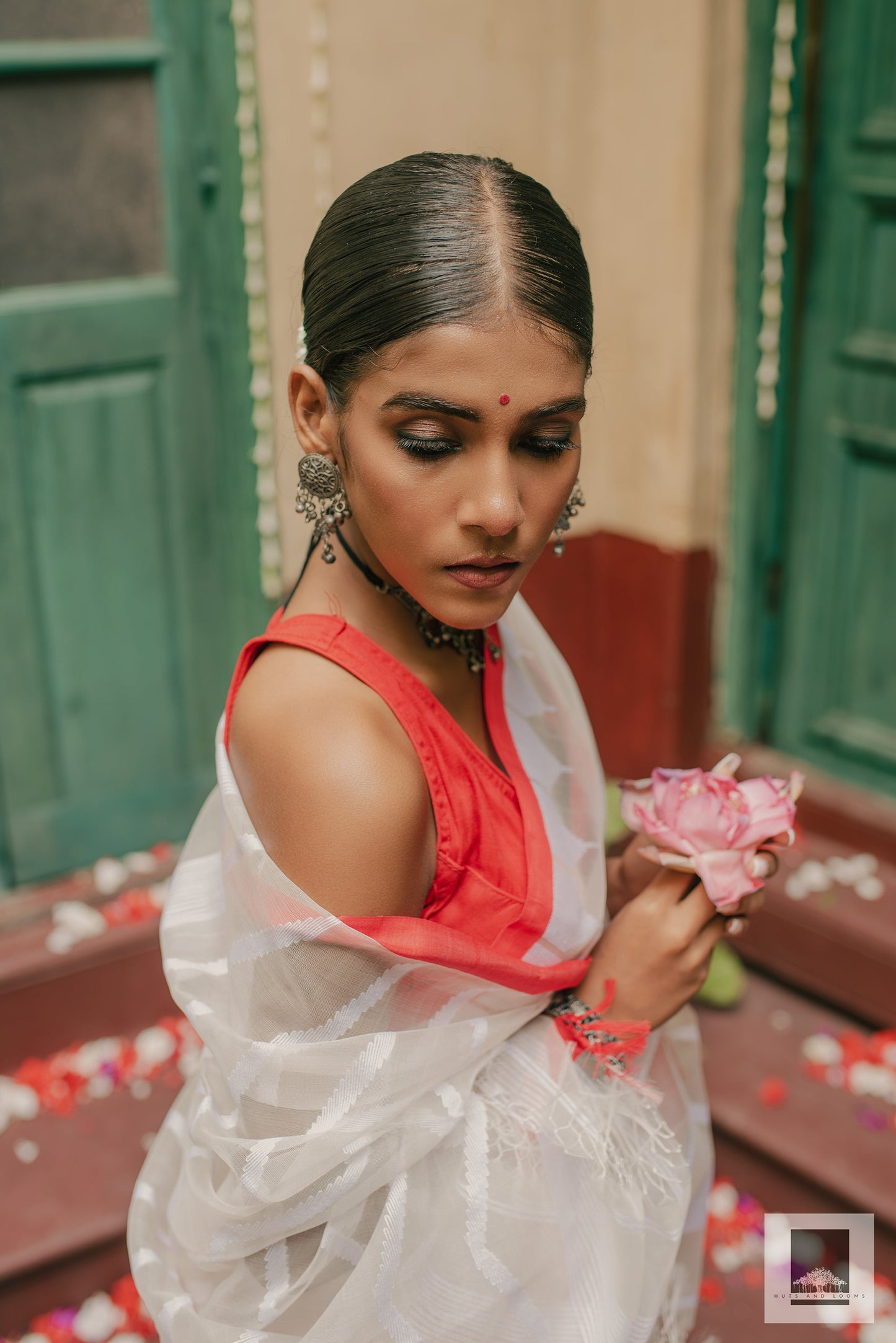 Jaya | Handloom red and white Puja saree