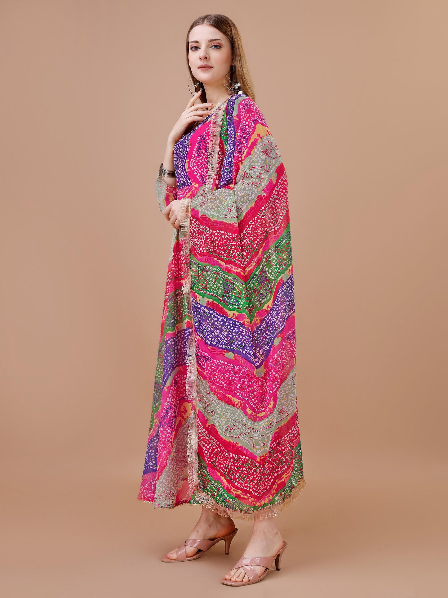 Multi colored Faux Georgette Digital Printed gown with dupatta