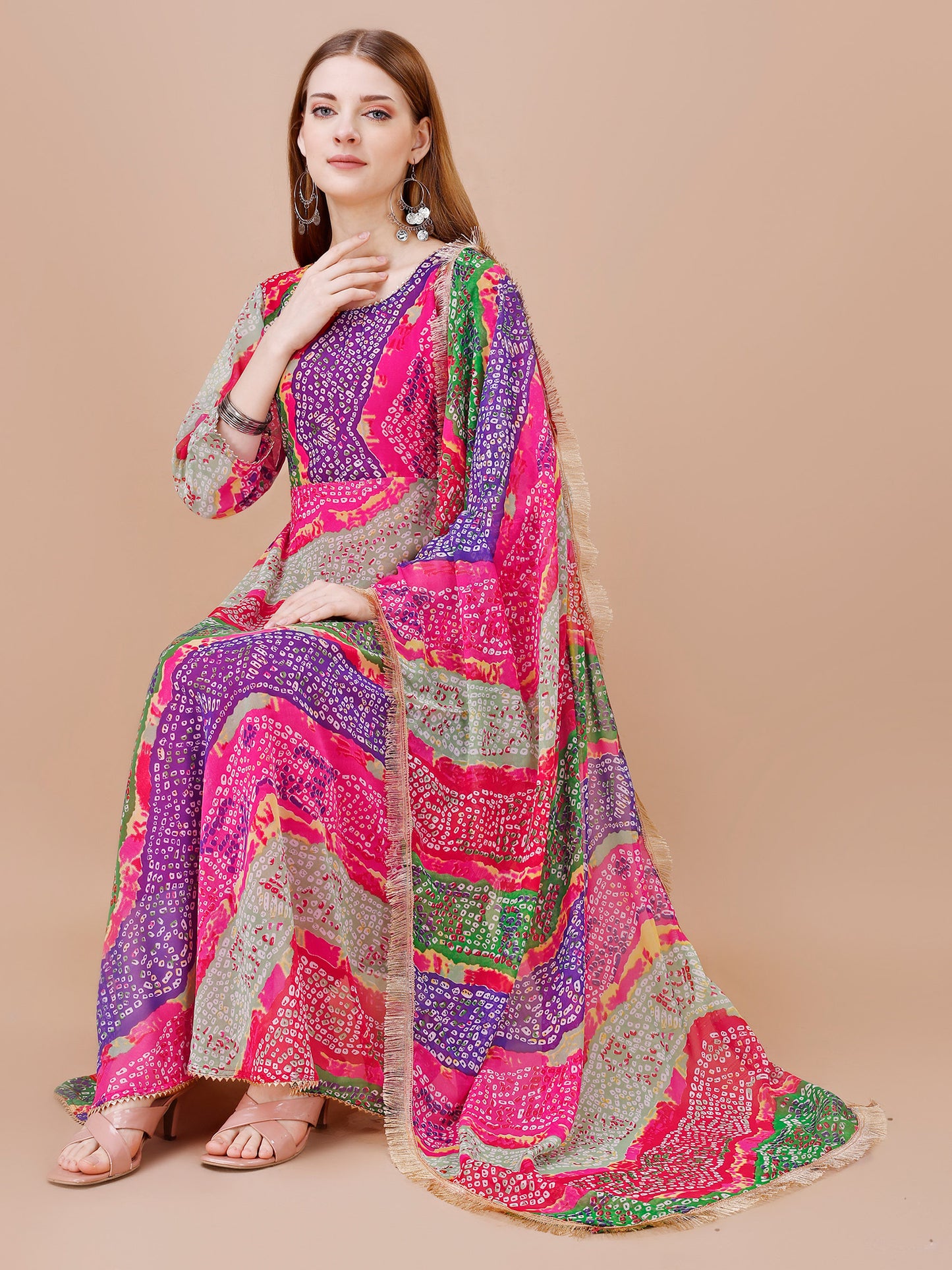 Multi colored Faux Georgette Digital Printed gown with dupatta