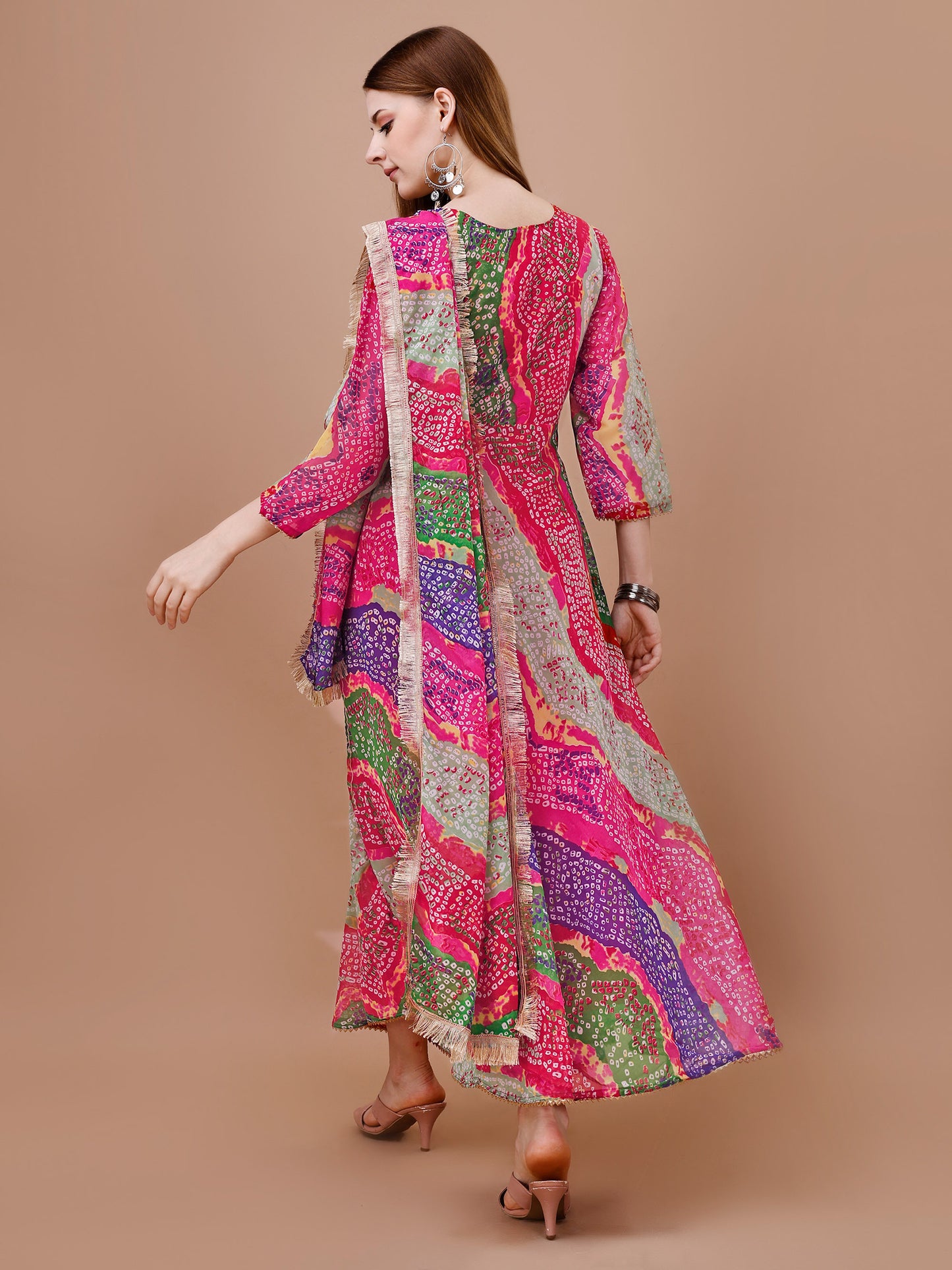 Multi colored Faux Georgette Digital Printed gown with dupatta