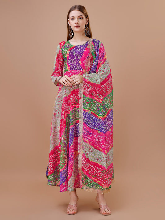 Multi colored Faux Georgette Digital Printed gown with dupatta