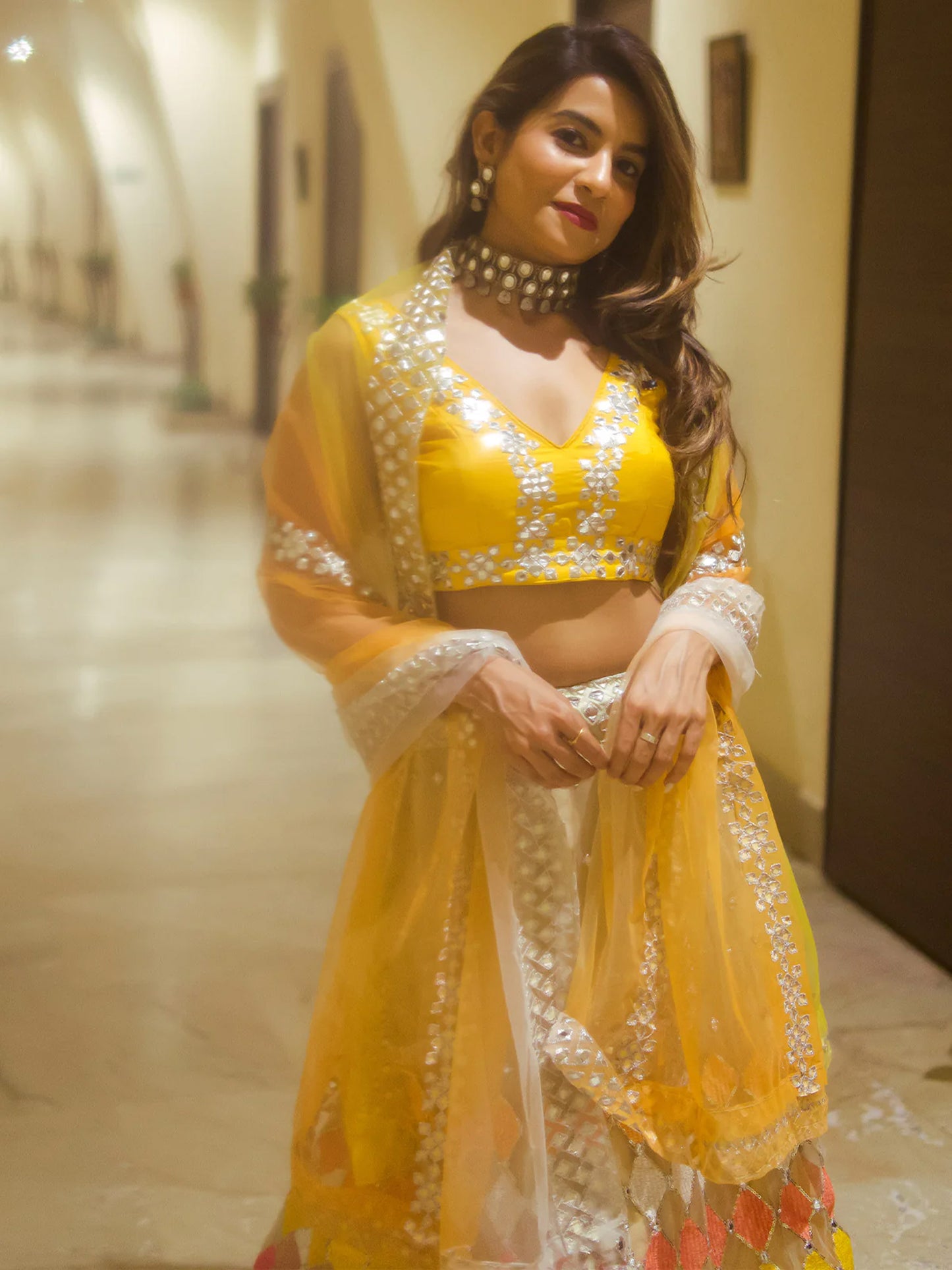 Yellow bangalori silk sequins embroidered bridal lehenga