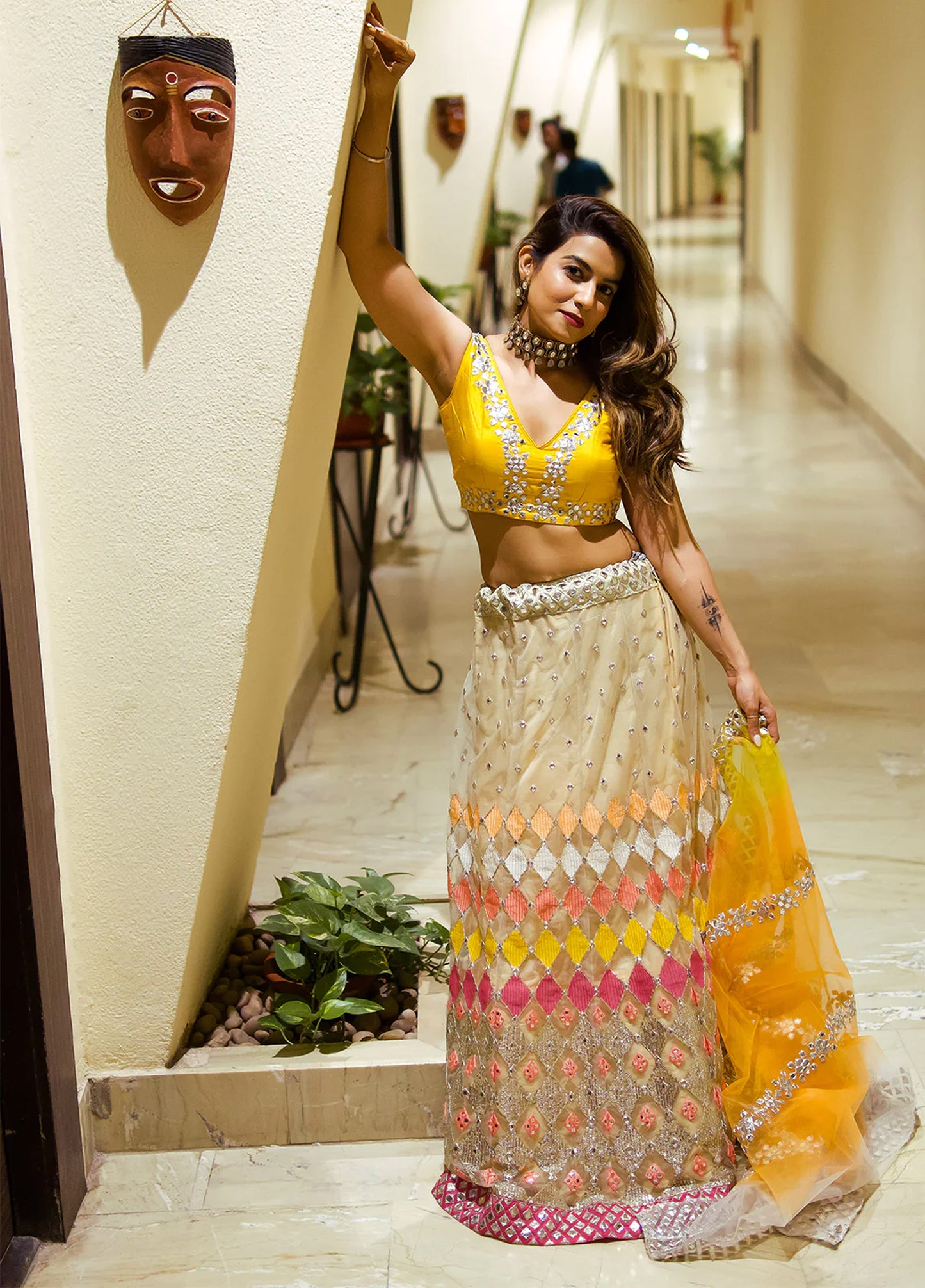 Yellow bangalori silk sequins embroidered bridal lehenga