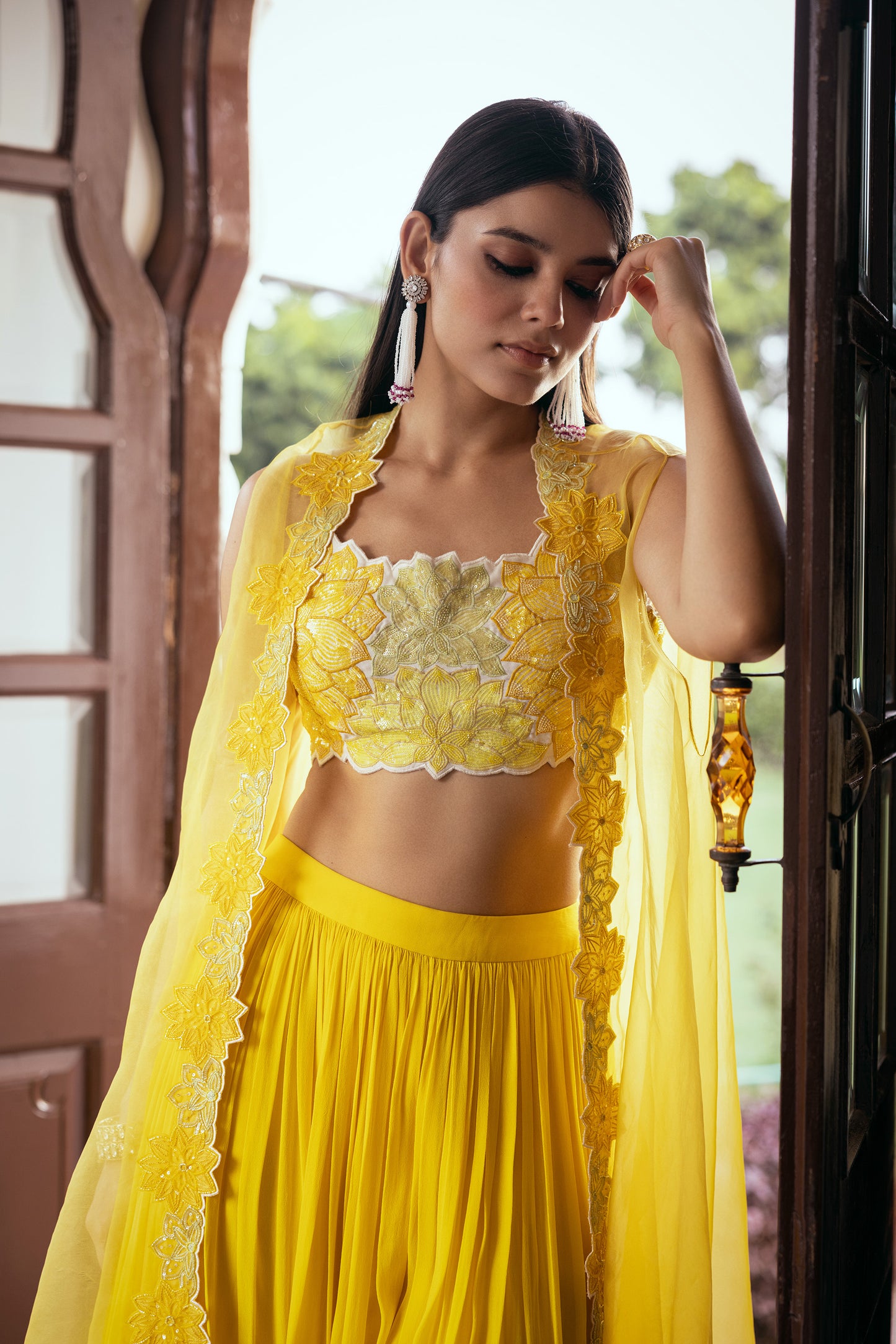 Shama Georgette Hand Embroidered Yellow Cape Set