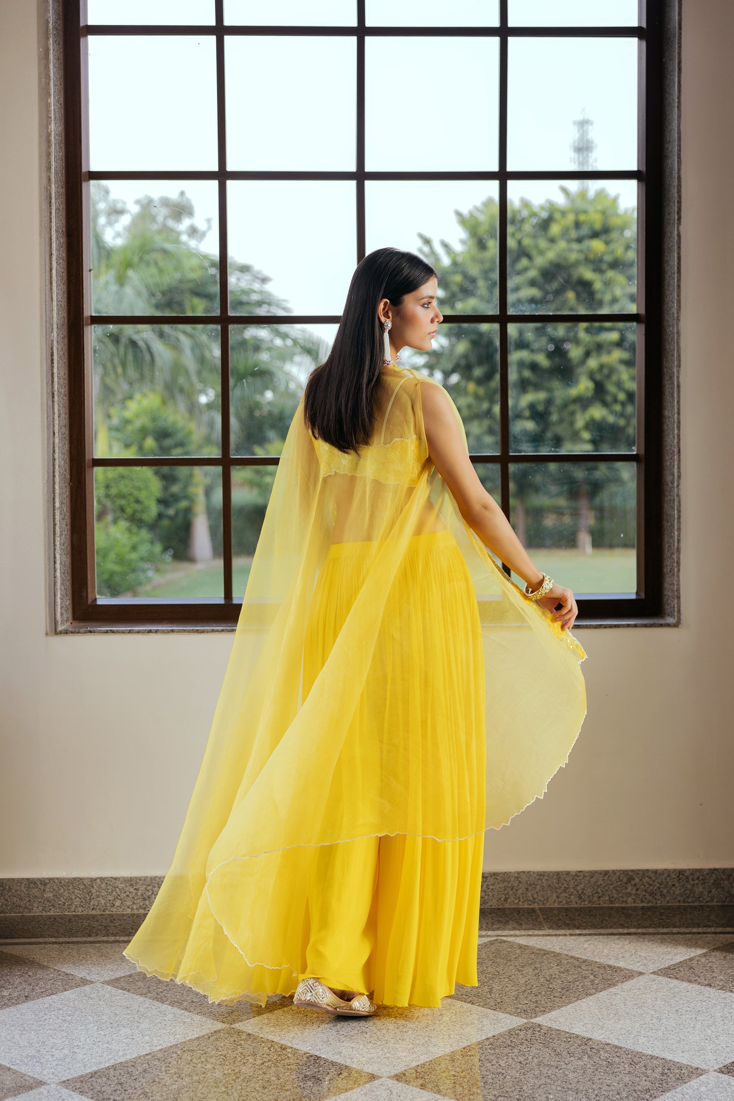 Shama Georgette Hand Embroidered Yellow Cape Set