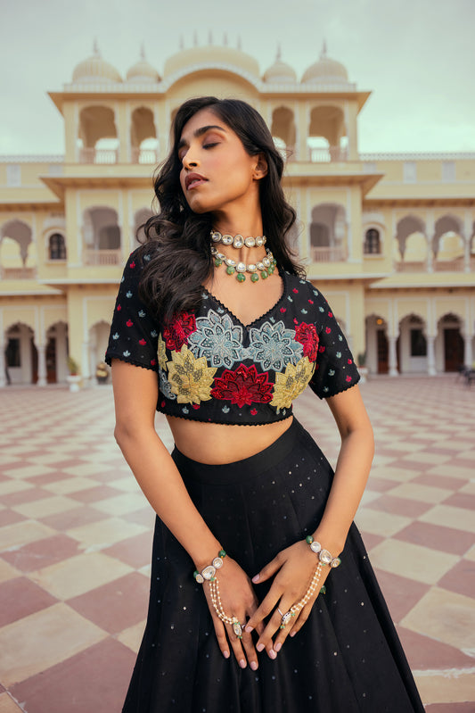 Gulposh Black Chanderi Silk Ajooba Lehenga Set