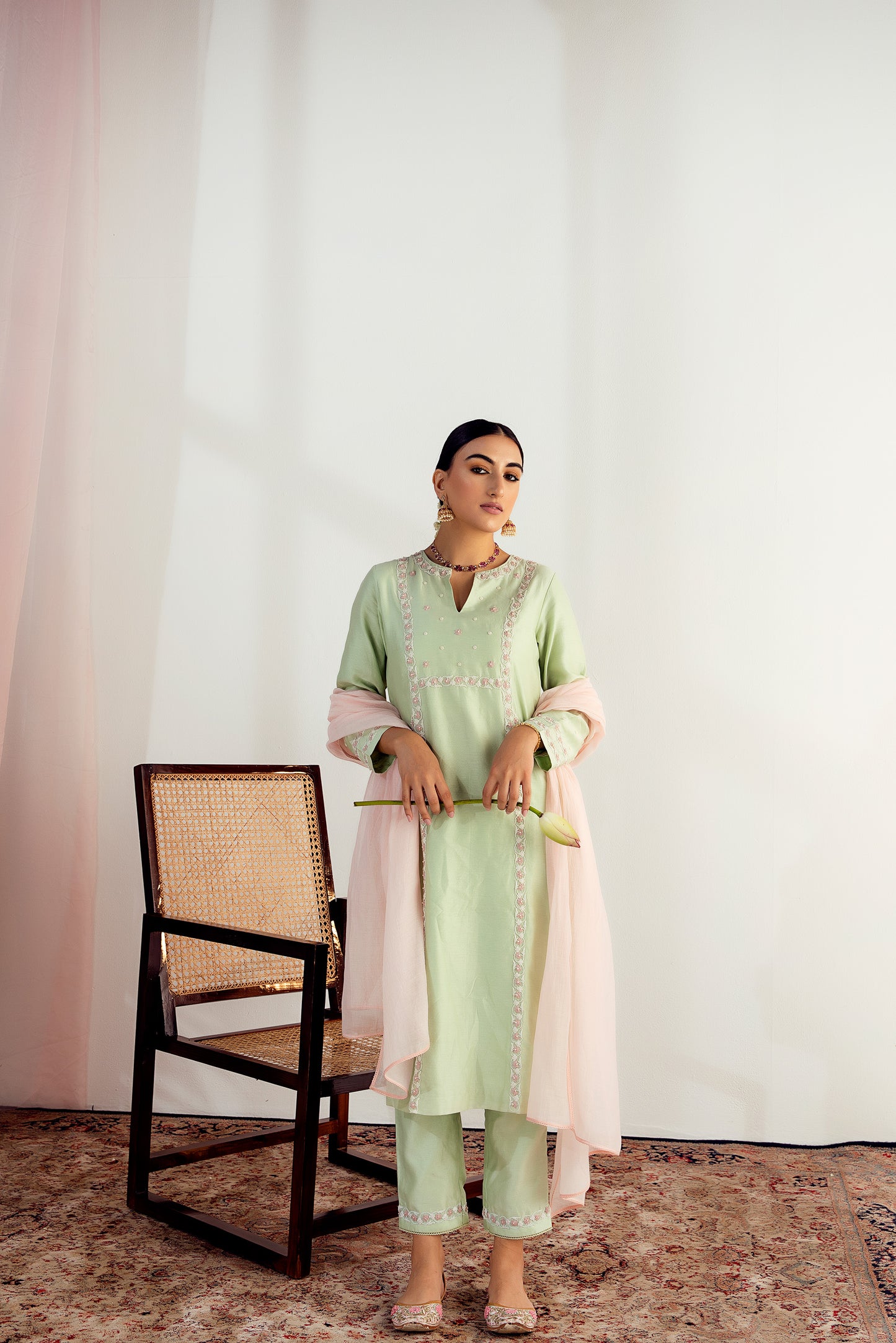 Mint Green Hand Embroidered Chanderi Silk Kurta Set