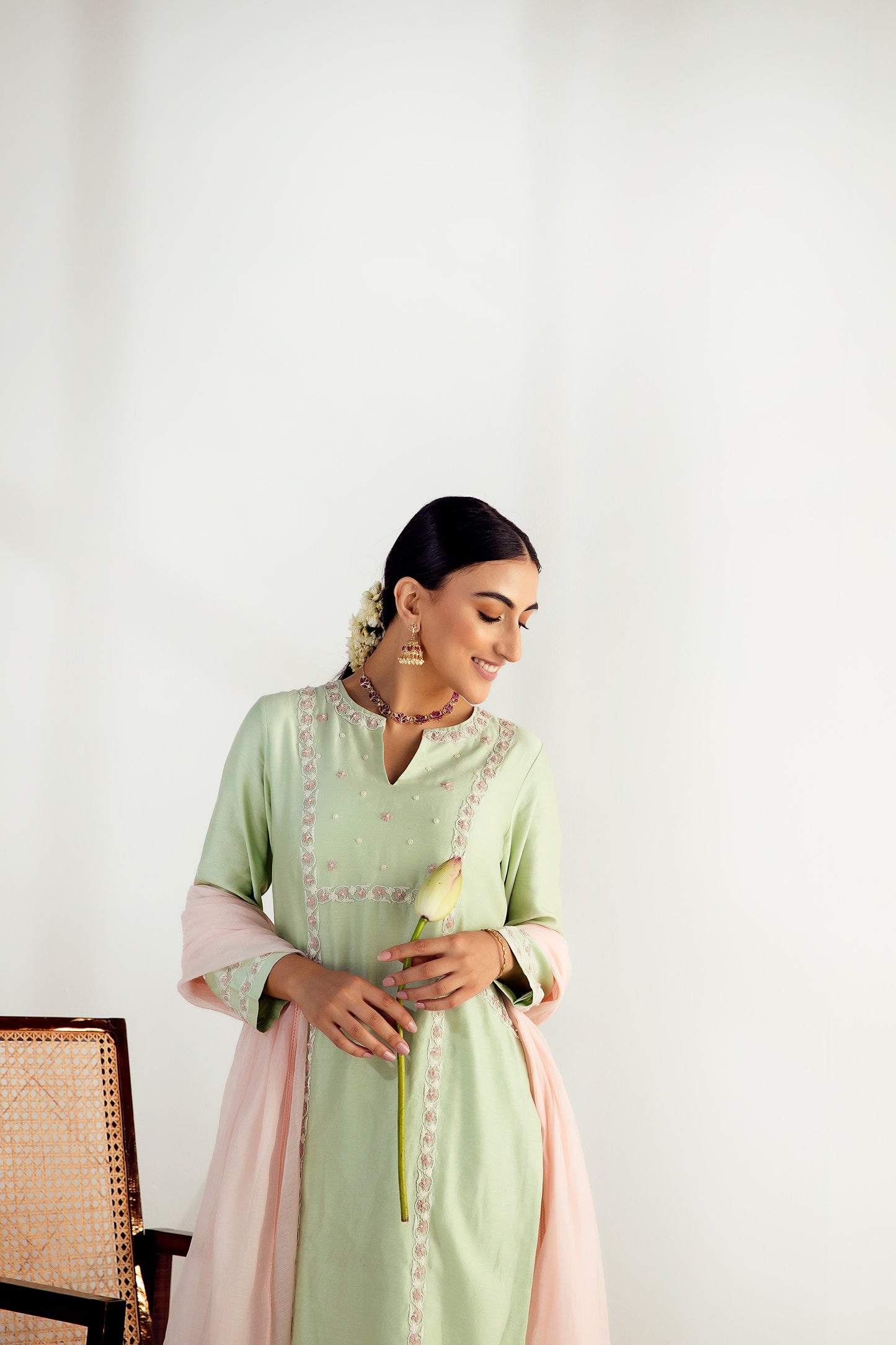 Mint Green Hand Embroidered Chanderi Silk Kurta Set