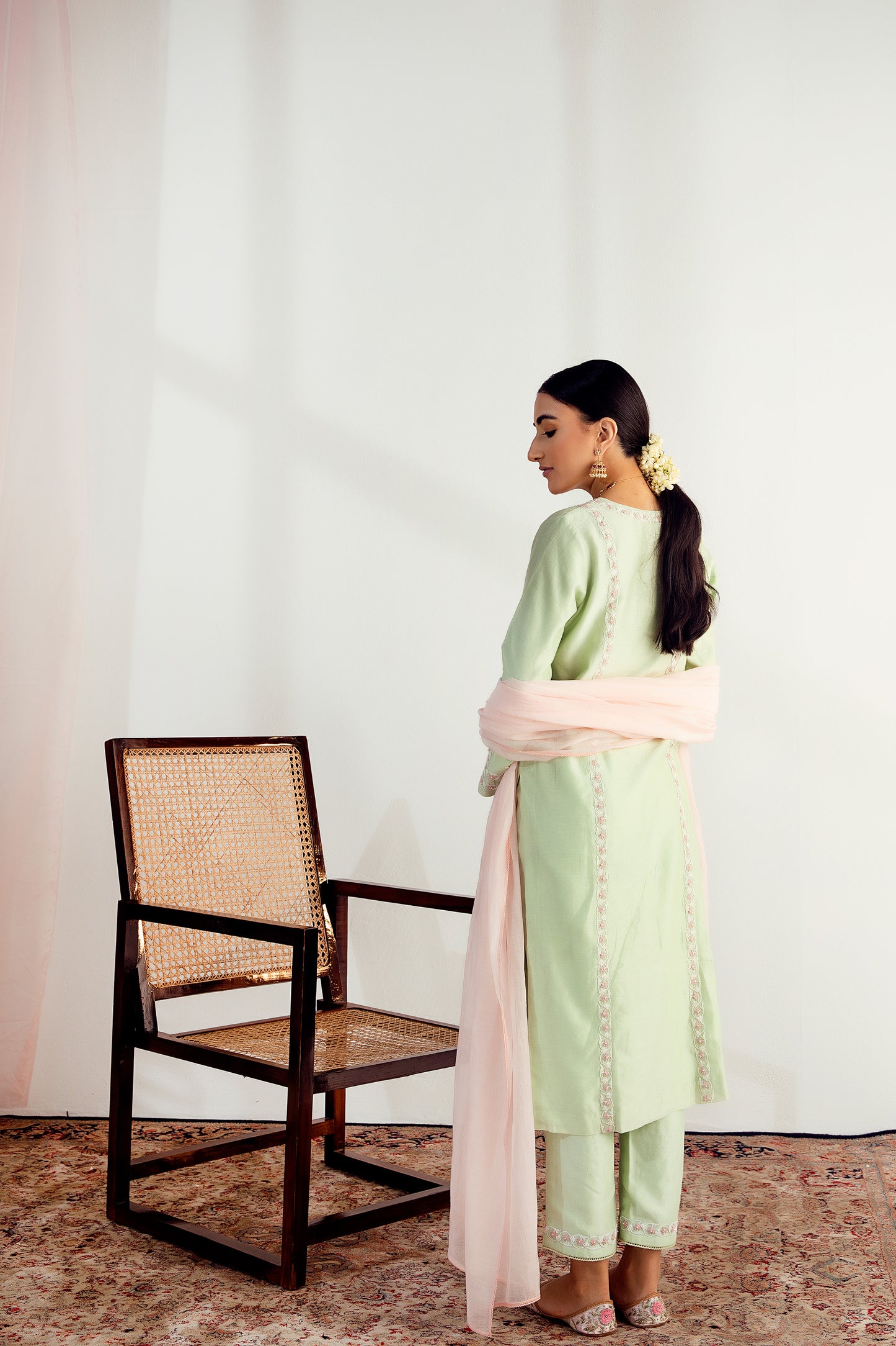 Mint Green Hand Embroidered Chanderi Silk Kurta Set