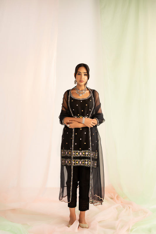 Black Resham Embroidered Handcrafted Silk Organza Kurta Set