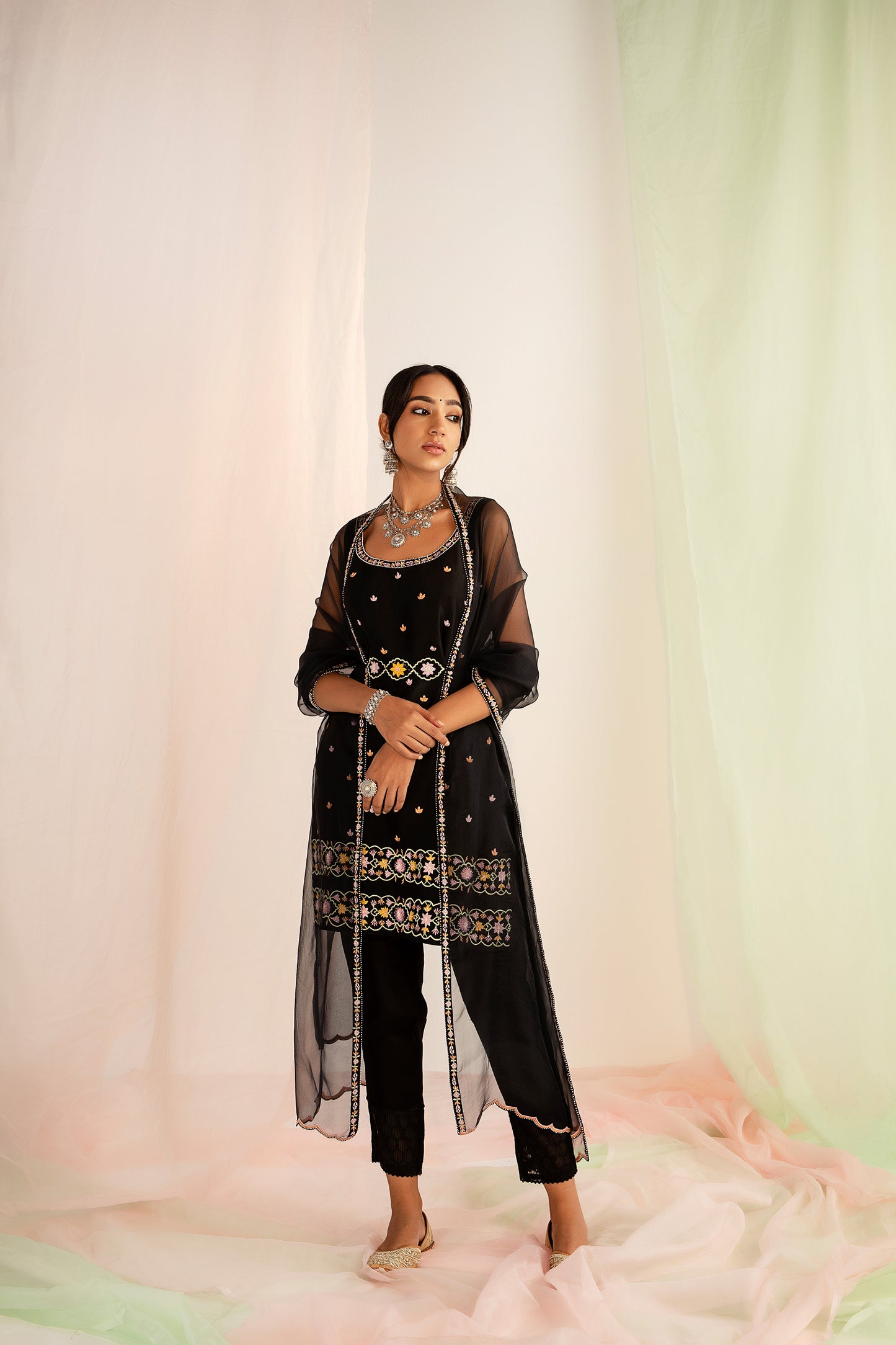 Black Resham Embroidered Handcrafted Silk Organza Kurta Set