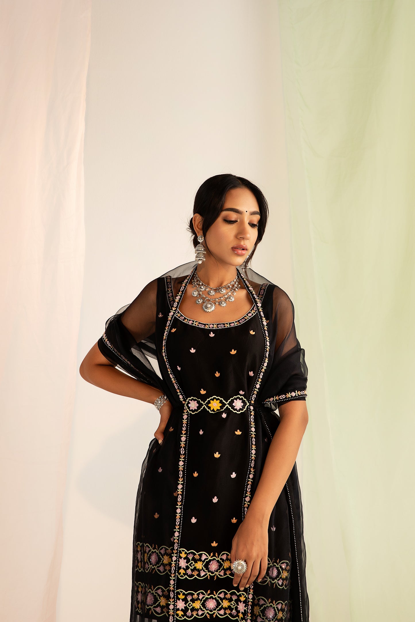 Black Resham Embroidered Handcrafted Silk Organza Kurta Set