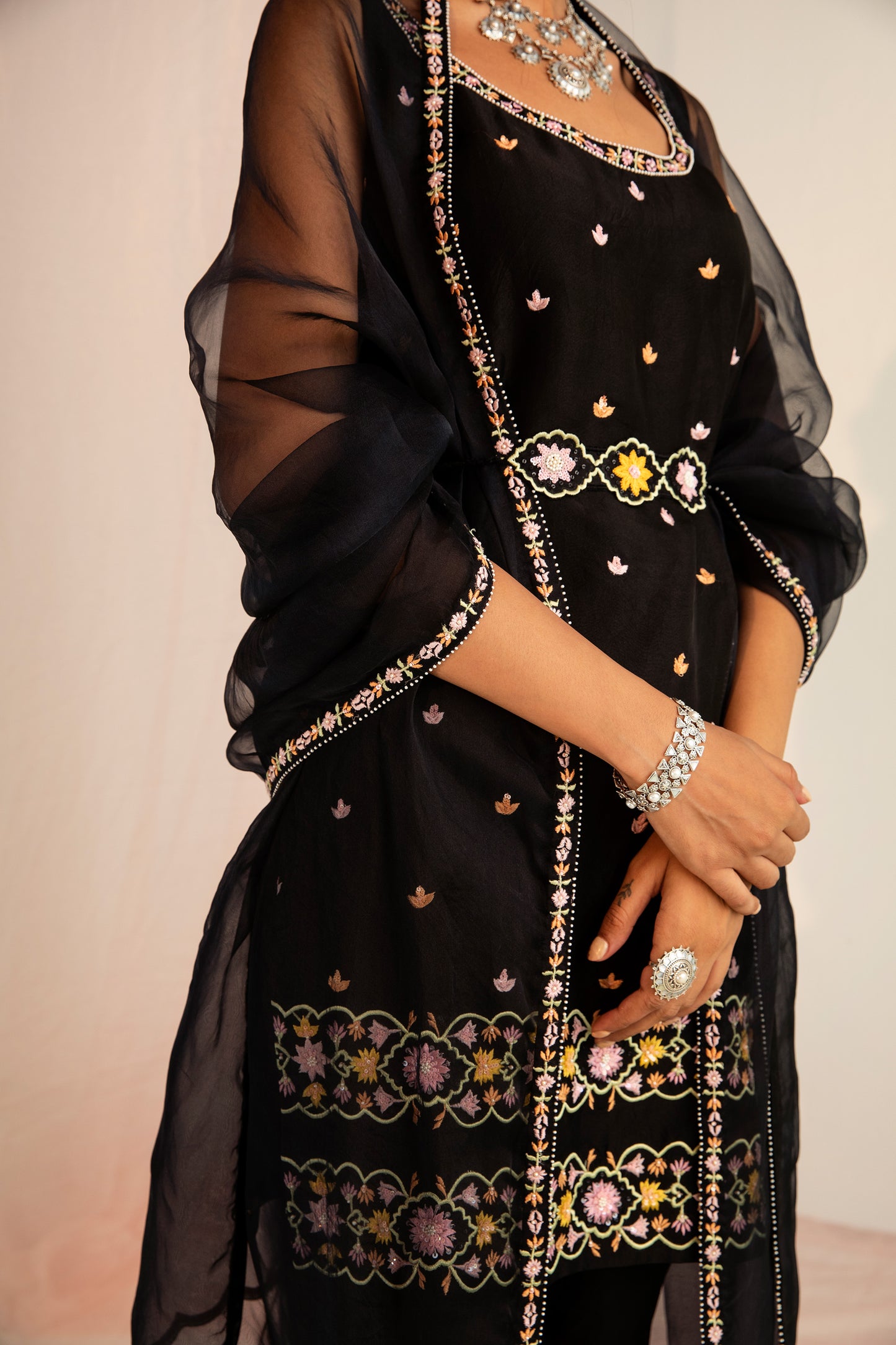 Black Resham Embroidered Handcrafted Silk Organza Kurta Set